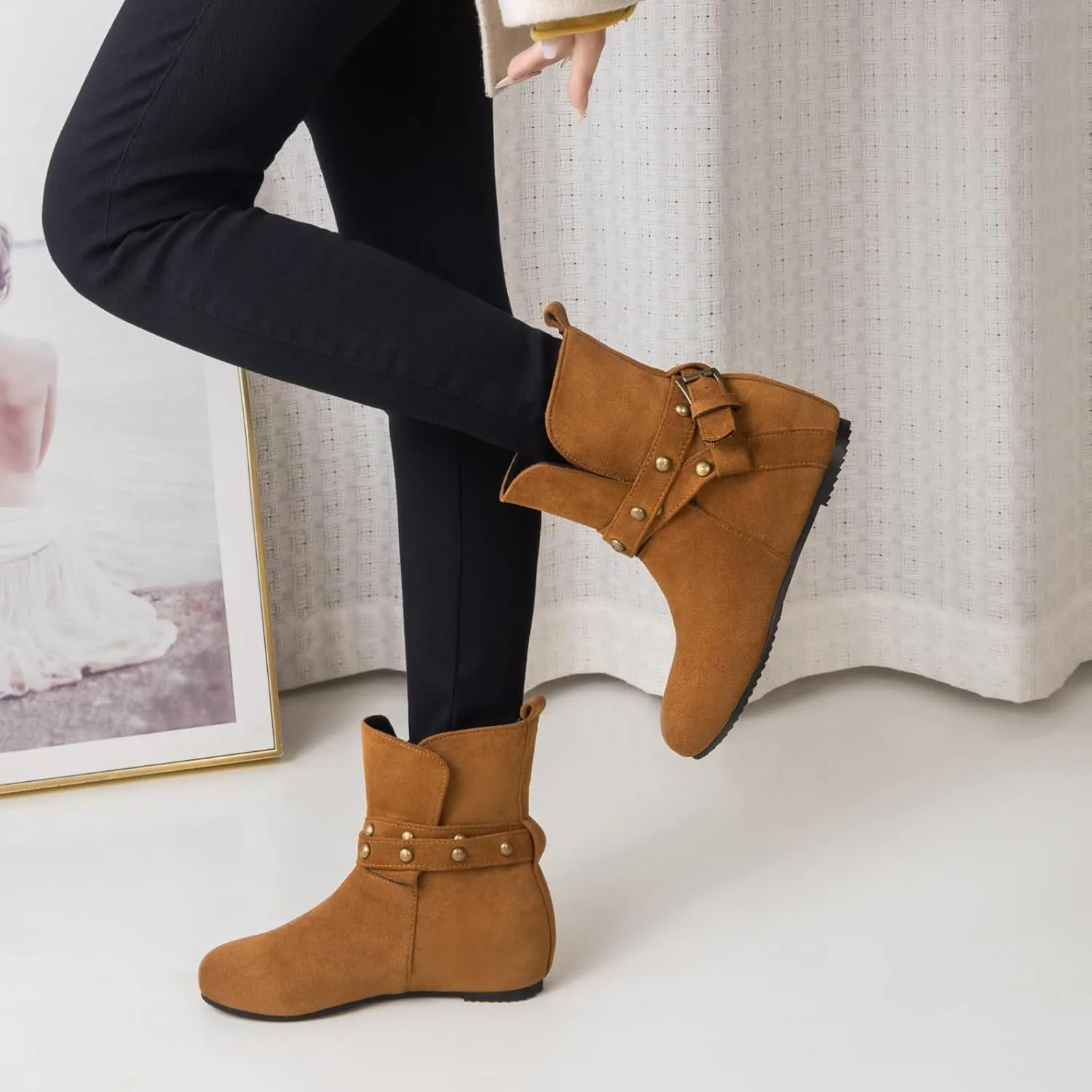 Gicoiz Women Slip On Round Toe Comfy Moccasin Ankle Boots