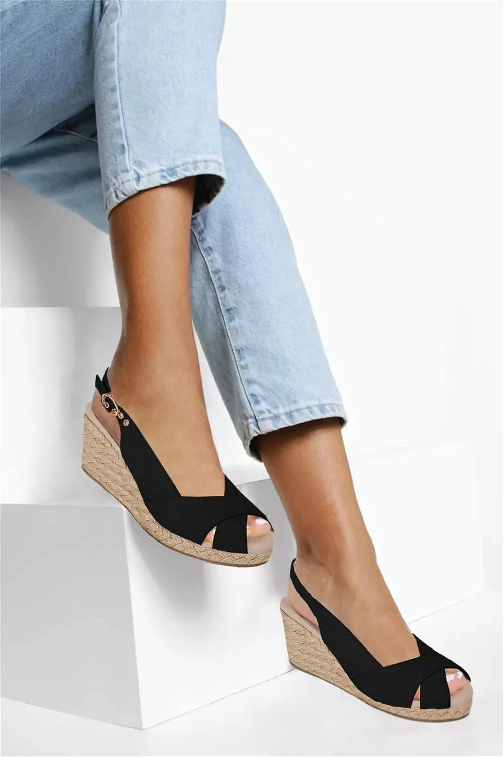 gihubafuil Women's Platform Wedges Sandals Open Toe Buckle Slingback Espadrilles Cross Band Slip-on High Heels