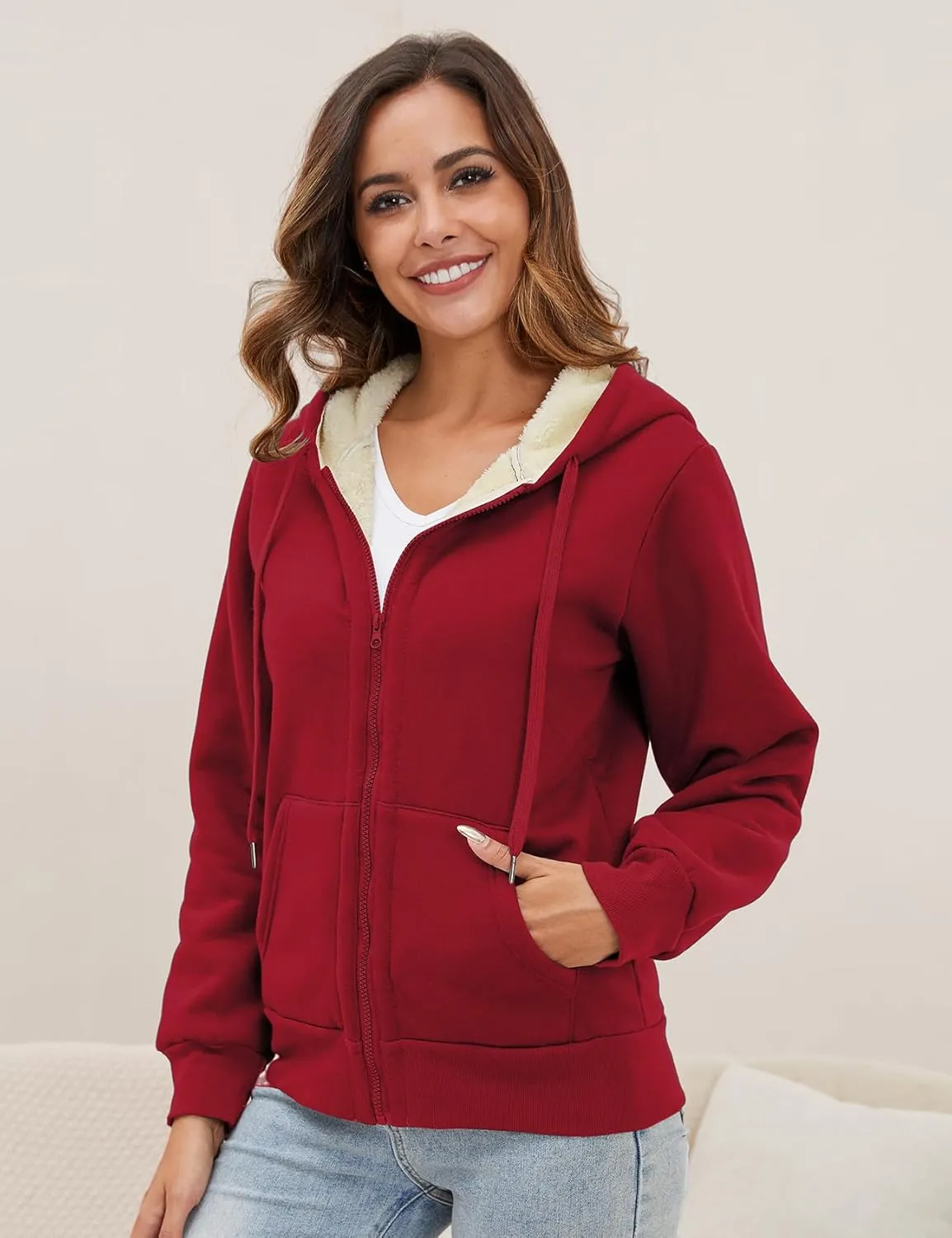 Gihuo Women's Sherpa Lined Hooded Sweatshirt Zip Up Winter Warm Hoodie Comfy Hooded Fleece Jacket
