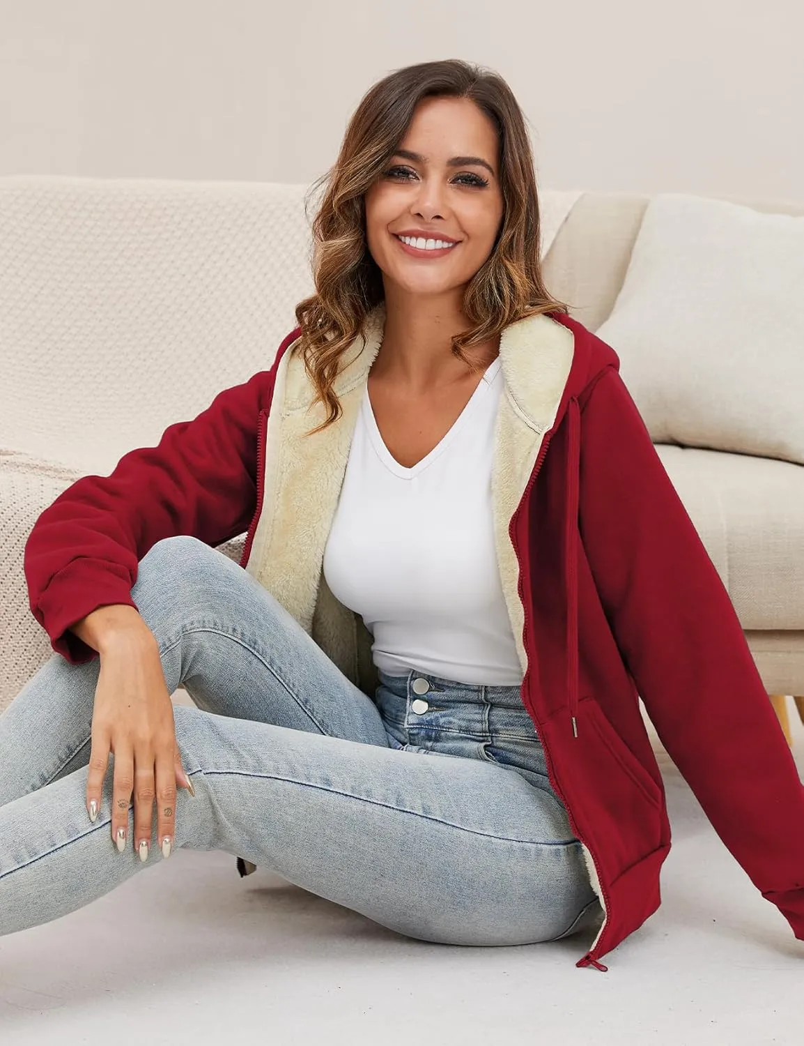 Gihuo Women's Sherpa Lined Hooded Sweatshirt Zip Up Winter Warm Hoodie Comfy Hooded Fleece Jacket