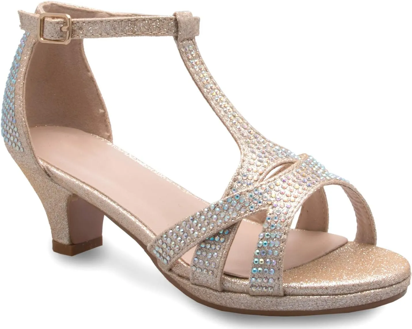 Girl's Glitter Leatherette Open Toe Strappy Ankle T Strap Kitten Heel Sandal (Toddler/Little Girl)