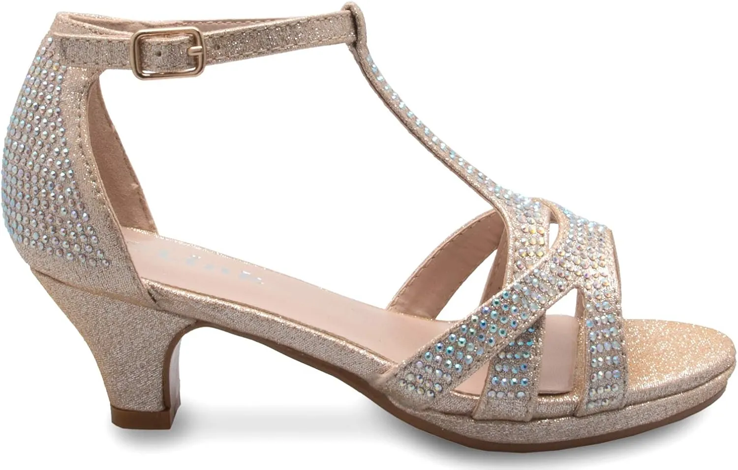 Girl's Glitter Leatherette Open Toe Strappy Ankle T Strap Kitten Heel Sandal (Toddler/Little Girl)