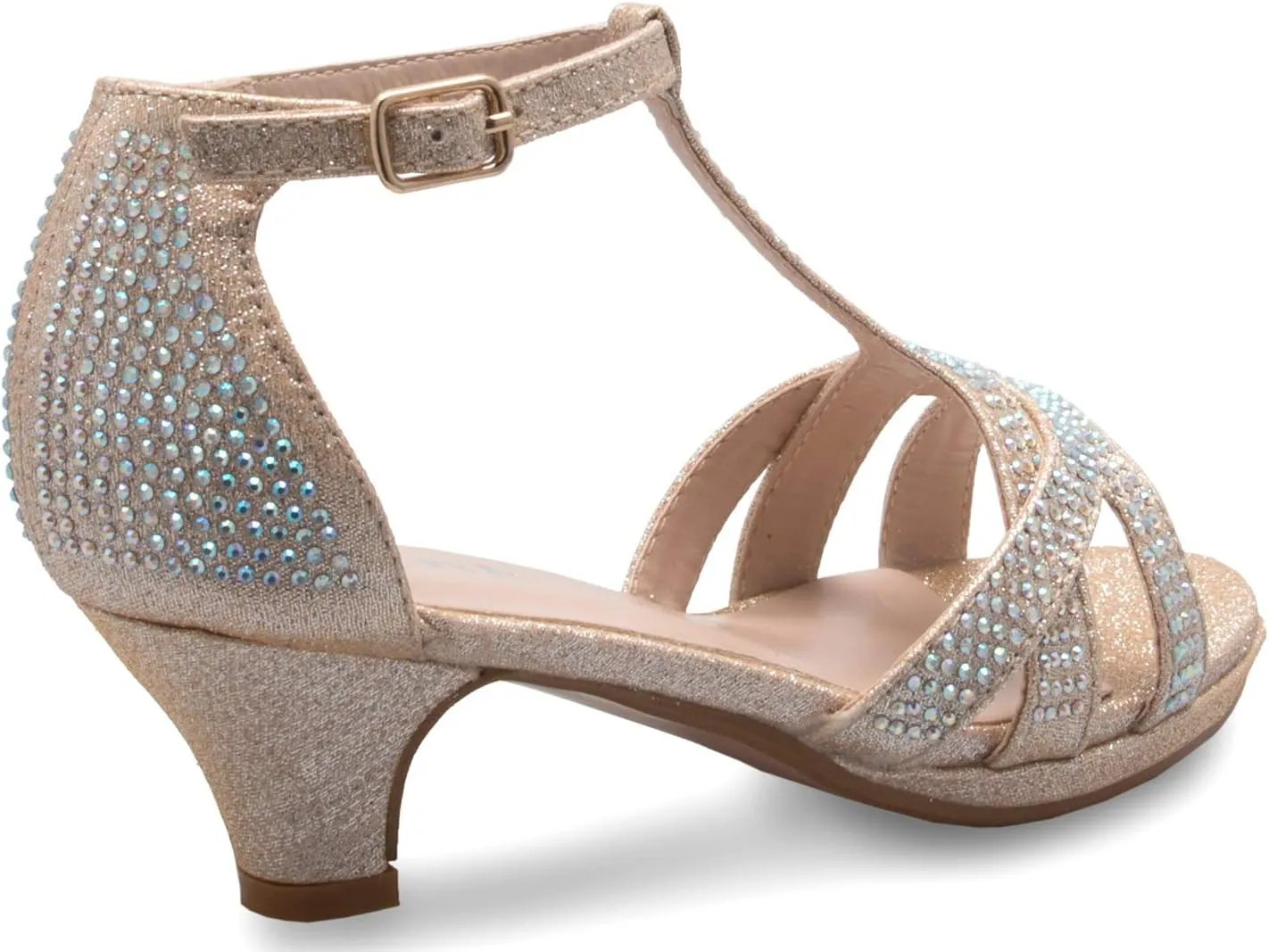 Girl's Glitter Leatherette Open Toe Strappy Ankle T Strap Kitten Heel Sandal (Toddler/Little Girl)