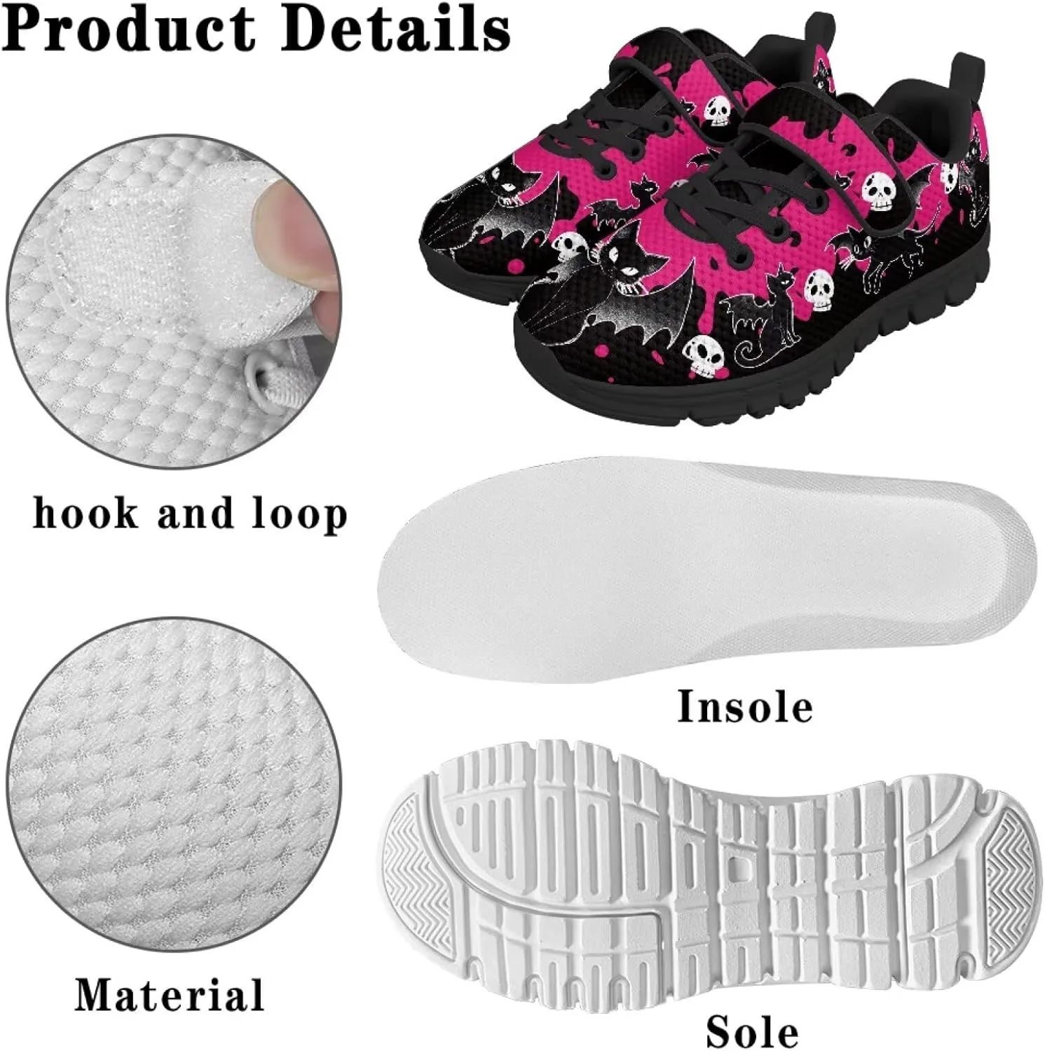 Girls Running Shoes with Hook and Loop Cute Print Kids Tennis Shoes for Outdoor Activities