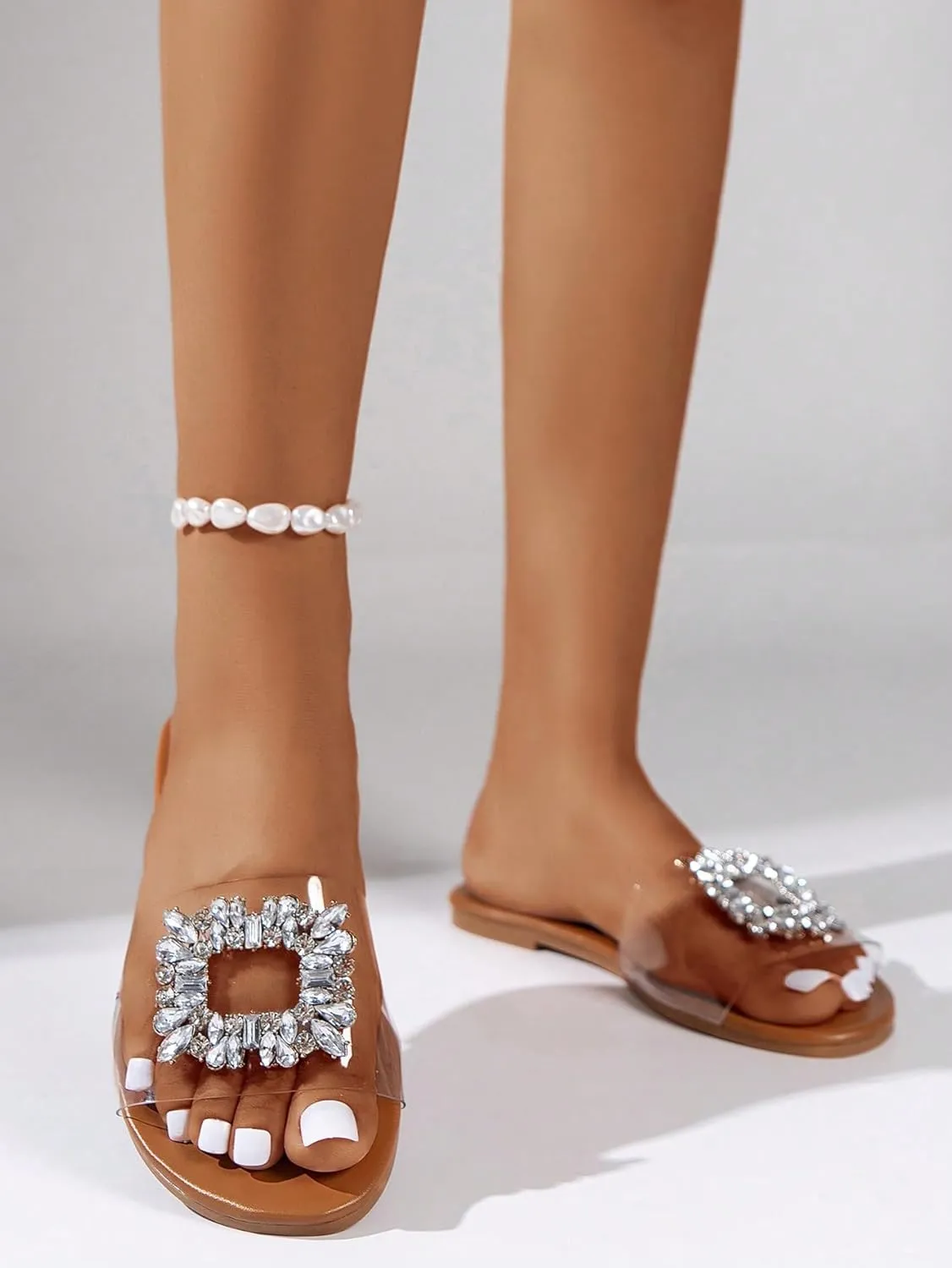 GORGLITTER Women's Rhinestone Clear Flat Sandals Dressy Cute Sparkly Summer Vacation Slide Shoes