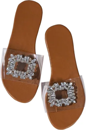 GORGLITTER Women's Rhinestone Clear Flat Sandals Dressy Cute Sparkly Summer Vacation Slide Shoes