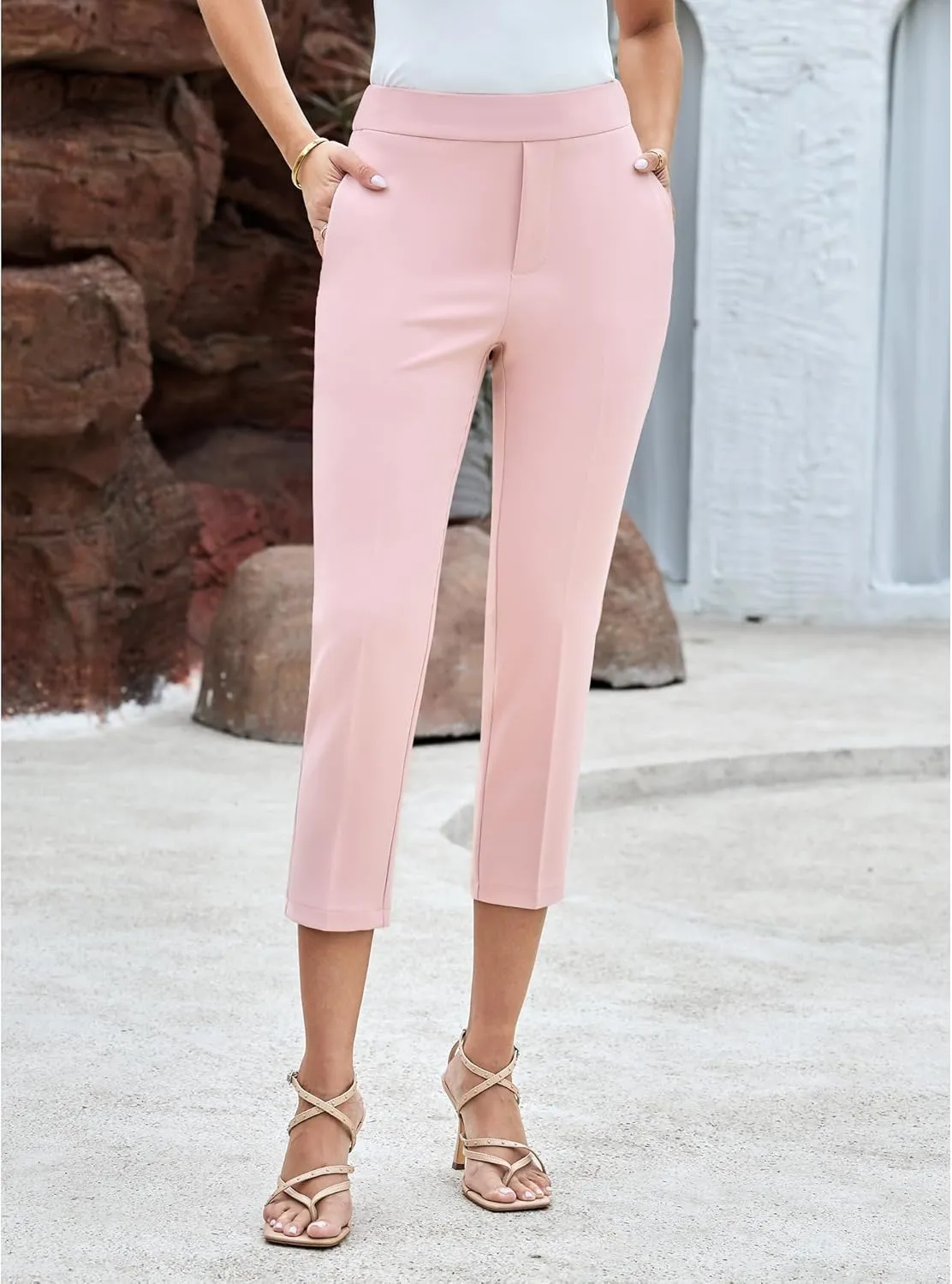 GRAPENT Capri Pants for Women High Waisted Pull On Dress Pants Slim Straight Leg Stretchy Waist Capris Trousers Pants