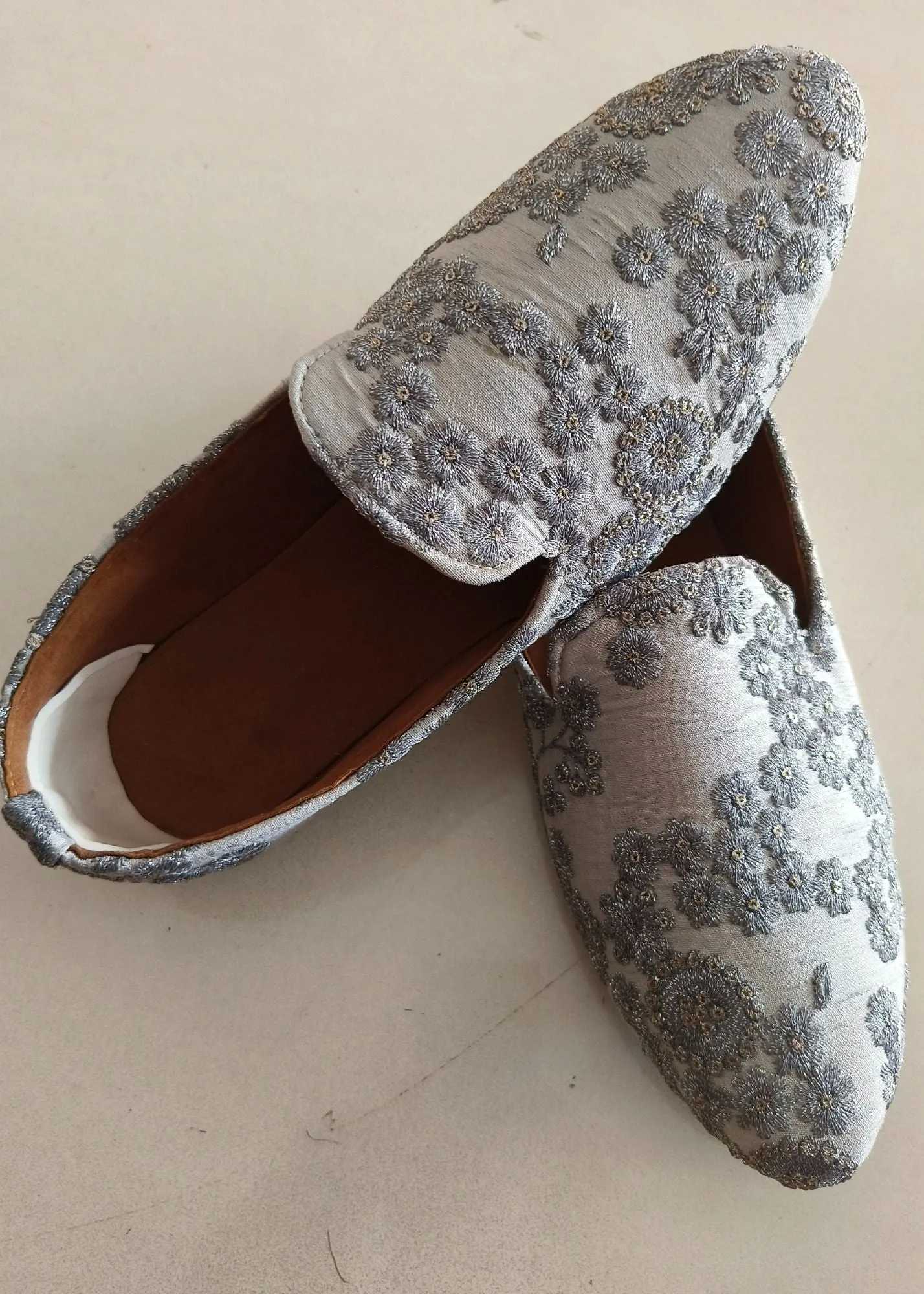 Grey Designer Embroidery Loafer Shoes