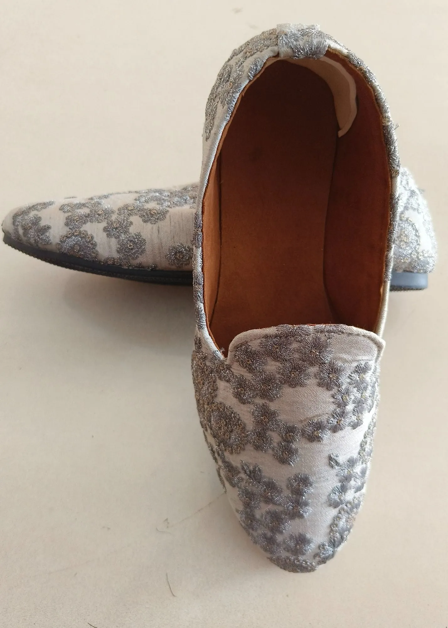 Grey Designer Embroidery Loafer Shoes