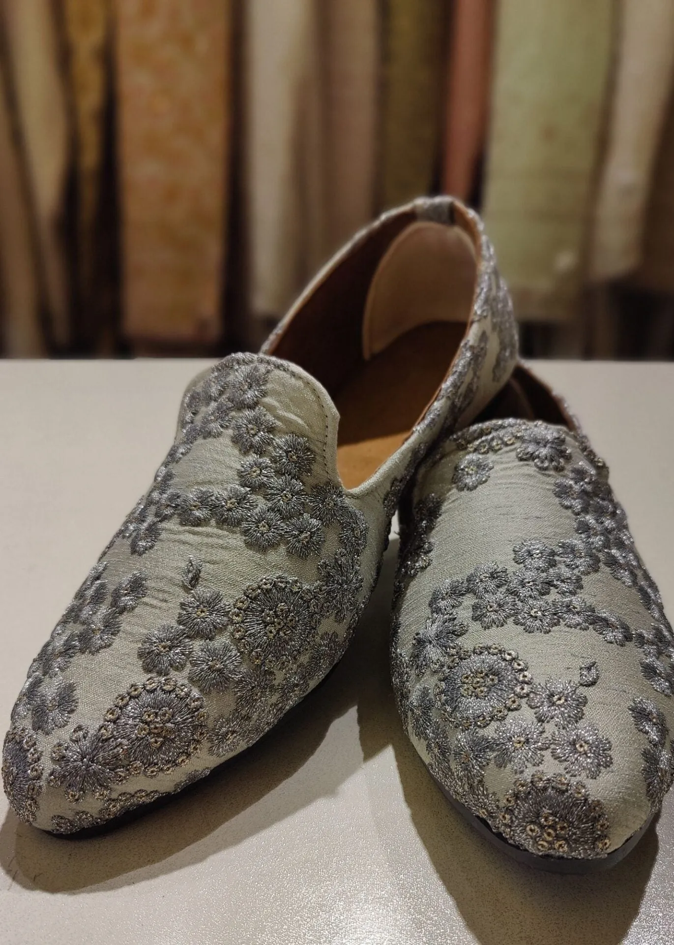 Grey Designer Embroidery Loafer Shoes