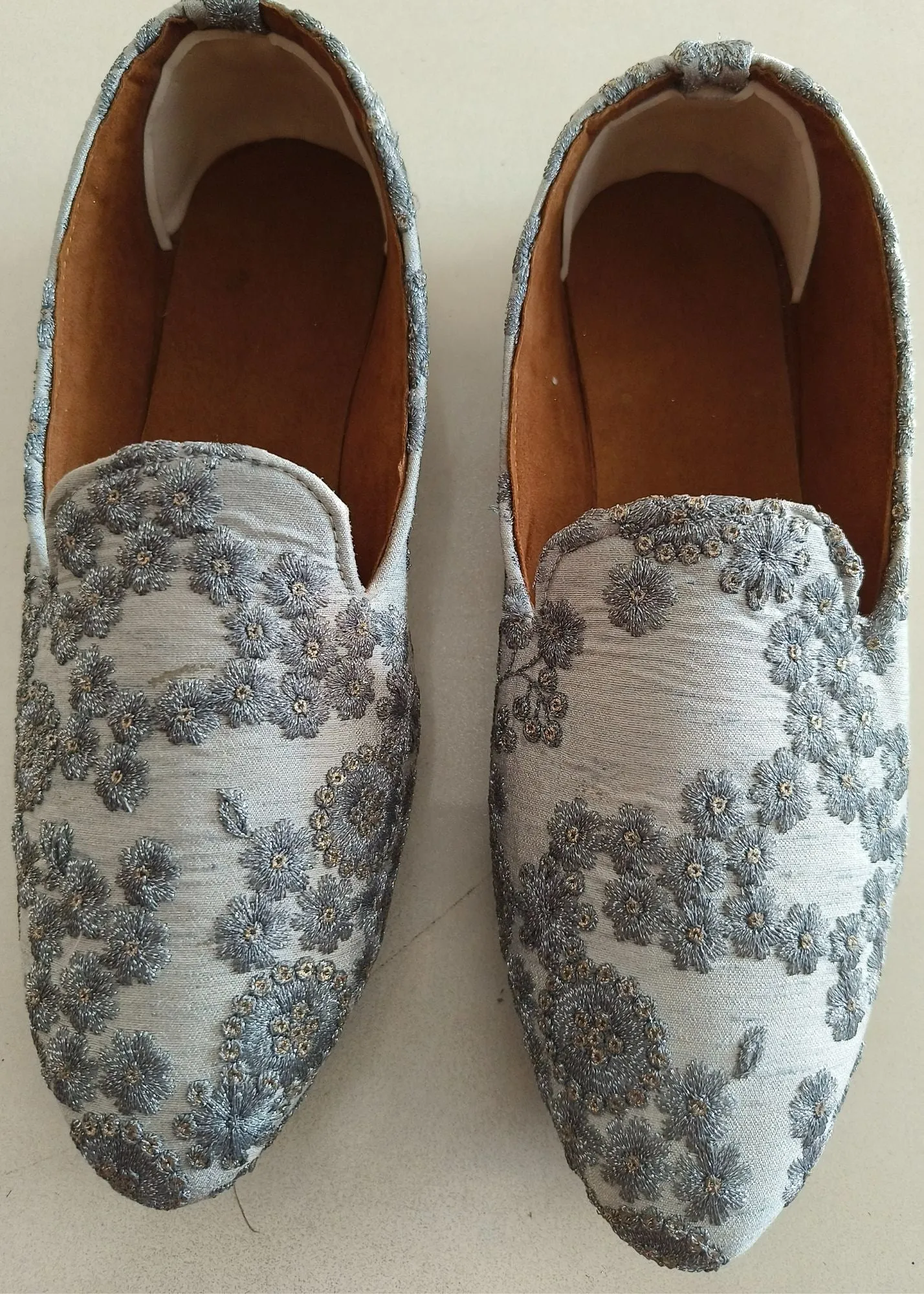 Grey Designer Embroidery Loafer Shoes