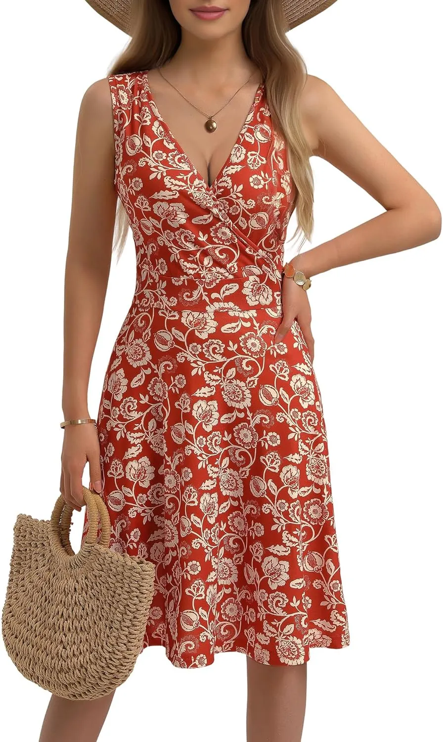 GUBERRY Womens Wrap V Neck Sleeveless Sundress Summer Flare Tank Dress with Pockets …