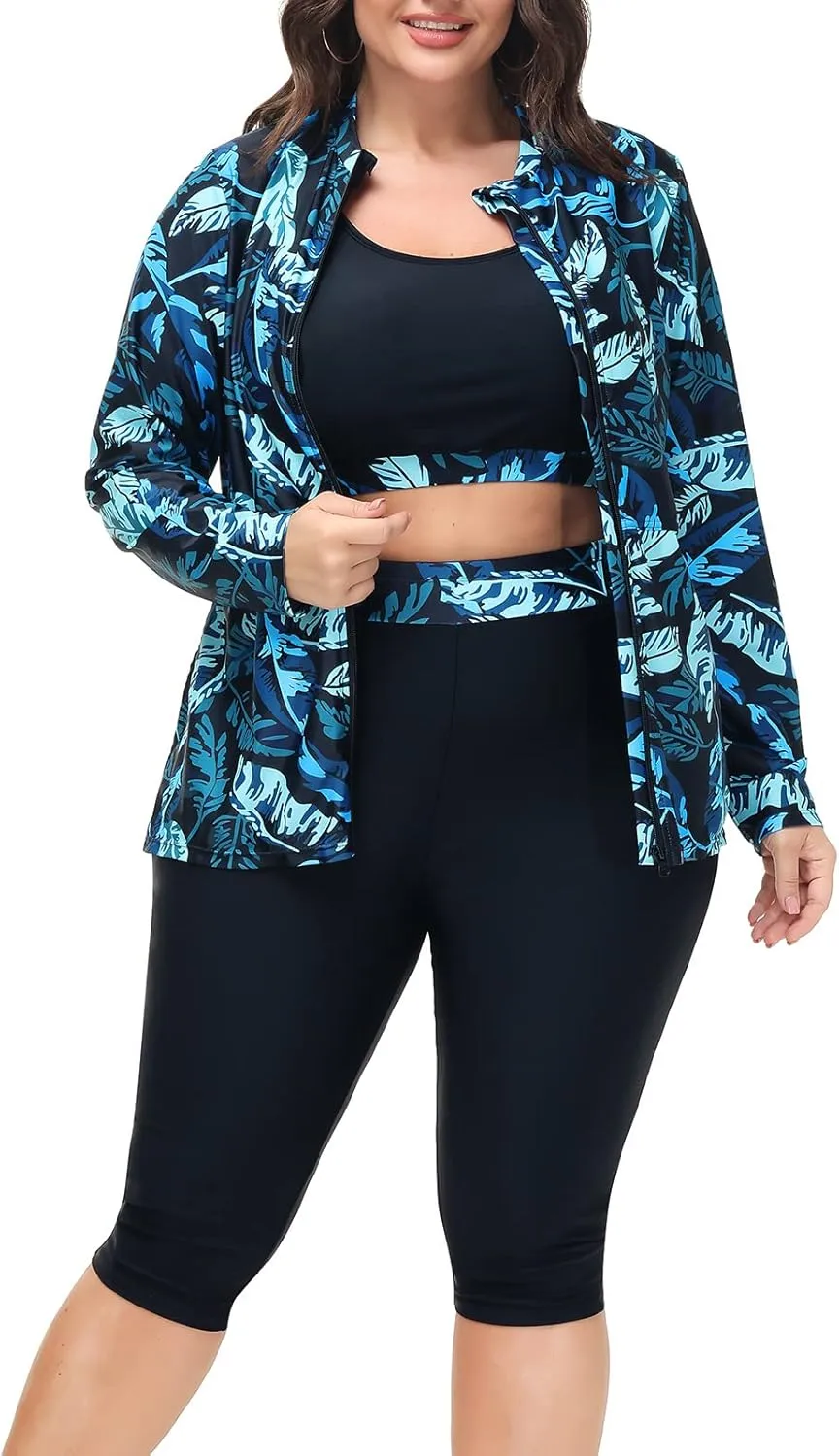 Hanna Nikole Women 3 Pieces Plus Size Rash Guard Swimwear Sun Protection Surfing Bathing Suits Long Sleeve Swimsuits