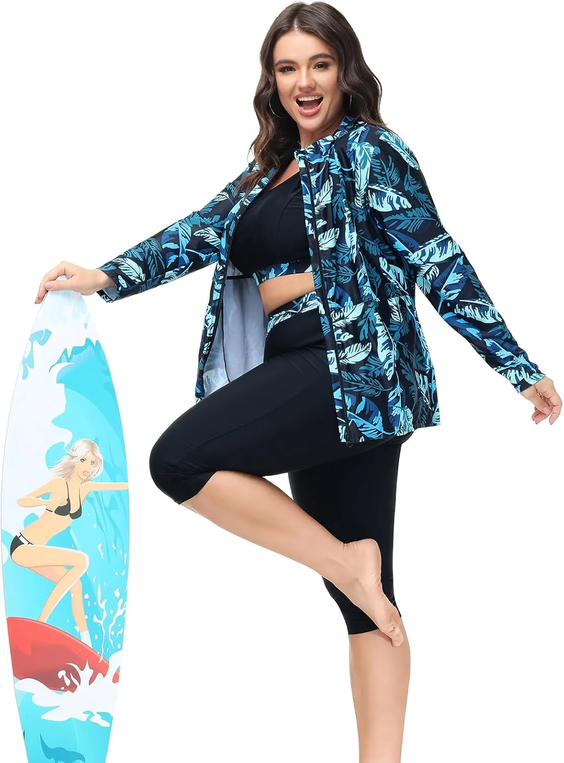 Hanna Nikole Women 3 Pieces Plus Size Rash Guard Swimwear Sun Protection Surfing Bathing Suits Long Sleeve Swimsuits