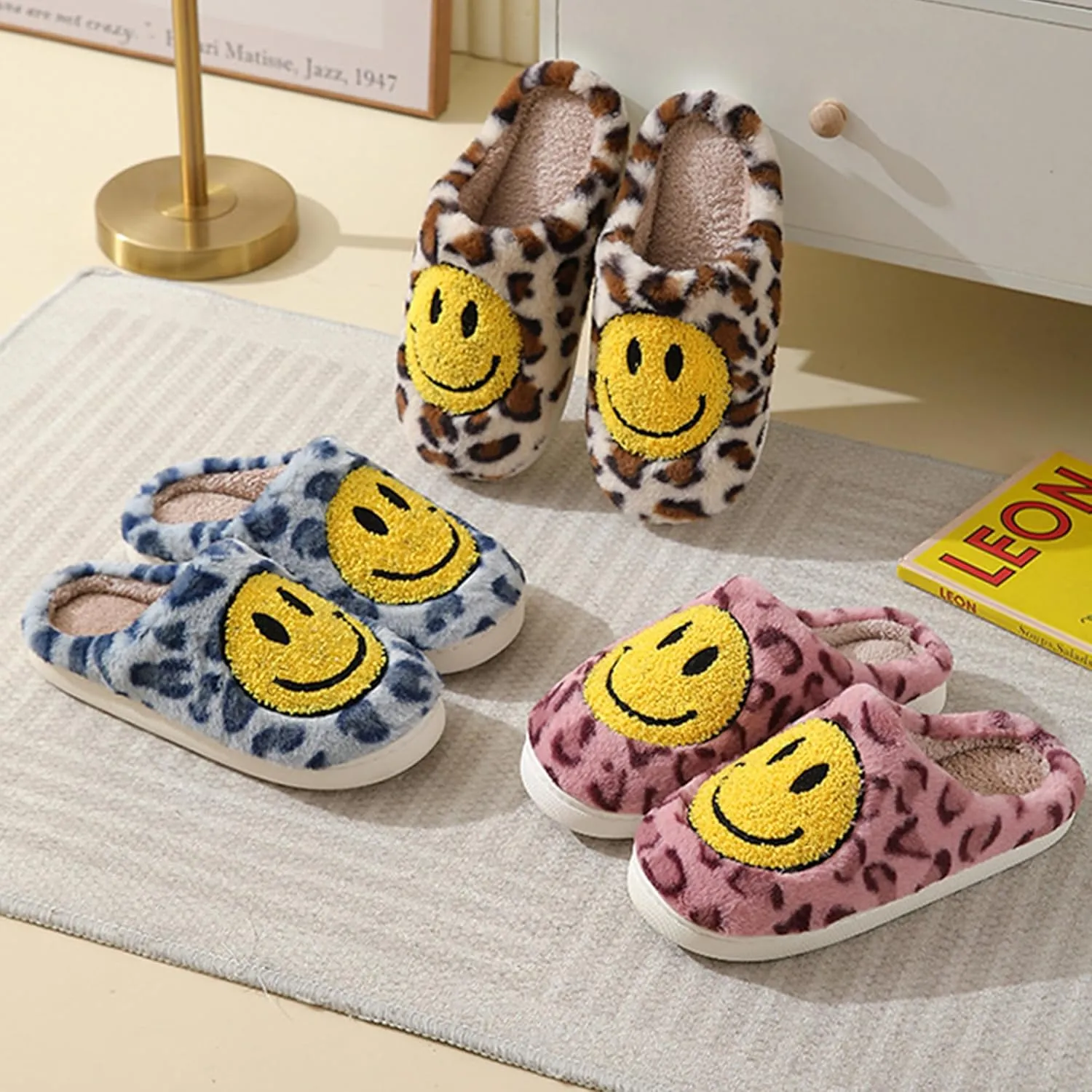 Happy Face Slippers Retro Cozy Comfy Plush Warm Slip-on Slippers Winter Soft Fuzzy Indoor House Shoes with Memory Foam for Men Women…