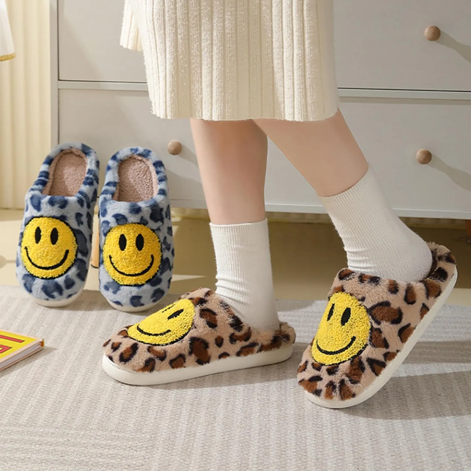 Happy Face Slippers Retro Cozy Comfy Plush Warm Slip-on Slippers Winter Soft Fuzzy Indoor House Shoes with Memory Foam for Men Women…