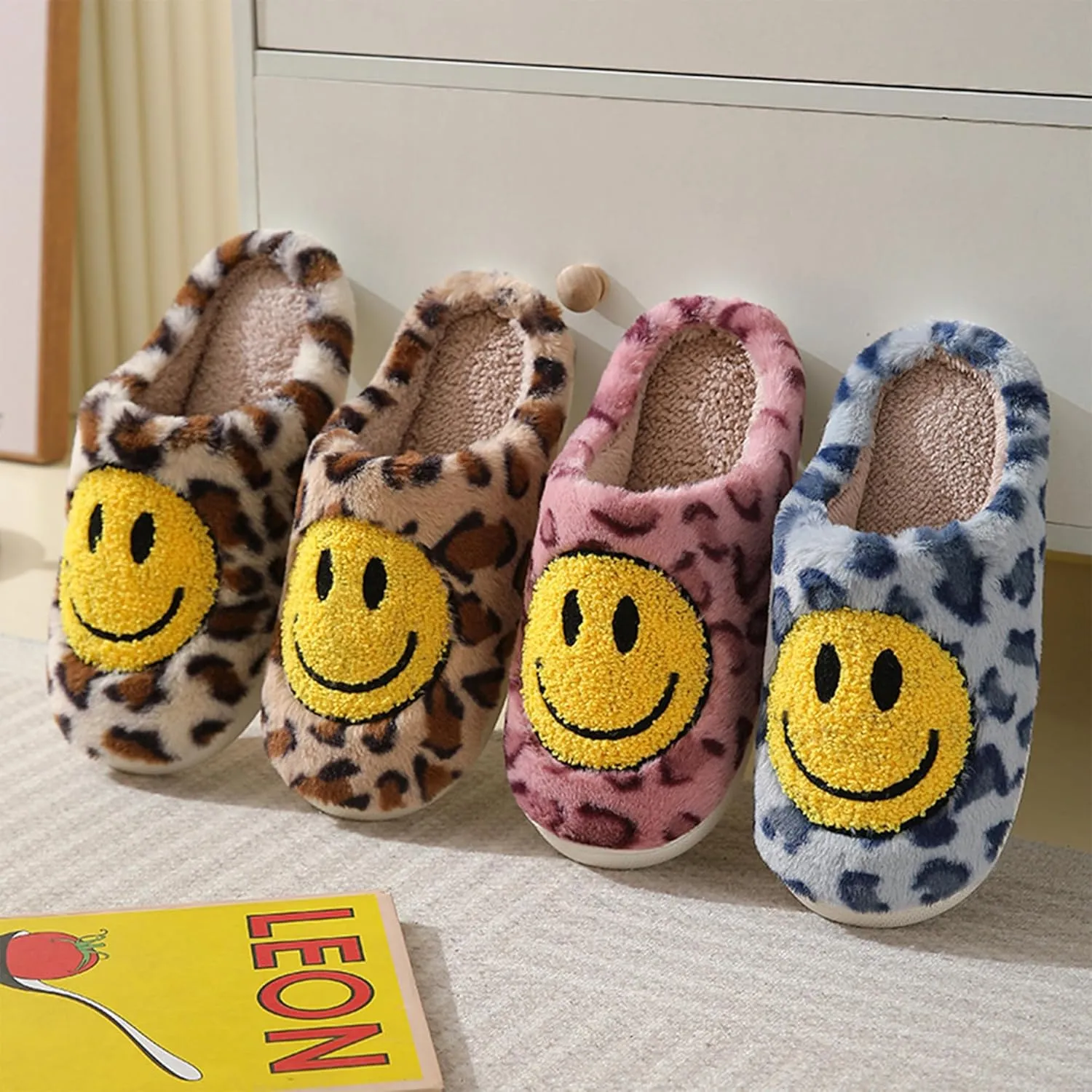 Happy Face Slippers Retro Cozy Comfy Plush Warm Slip-on Slippers Winter Soft Fuzzy Indoor House Shoes with Memory Foam for Men Women…