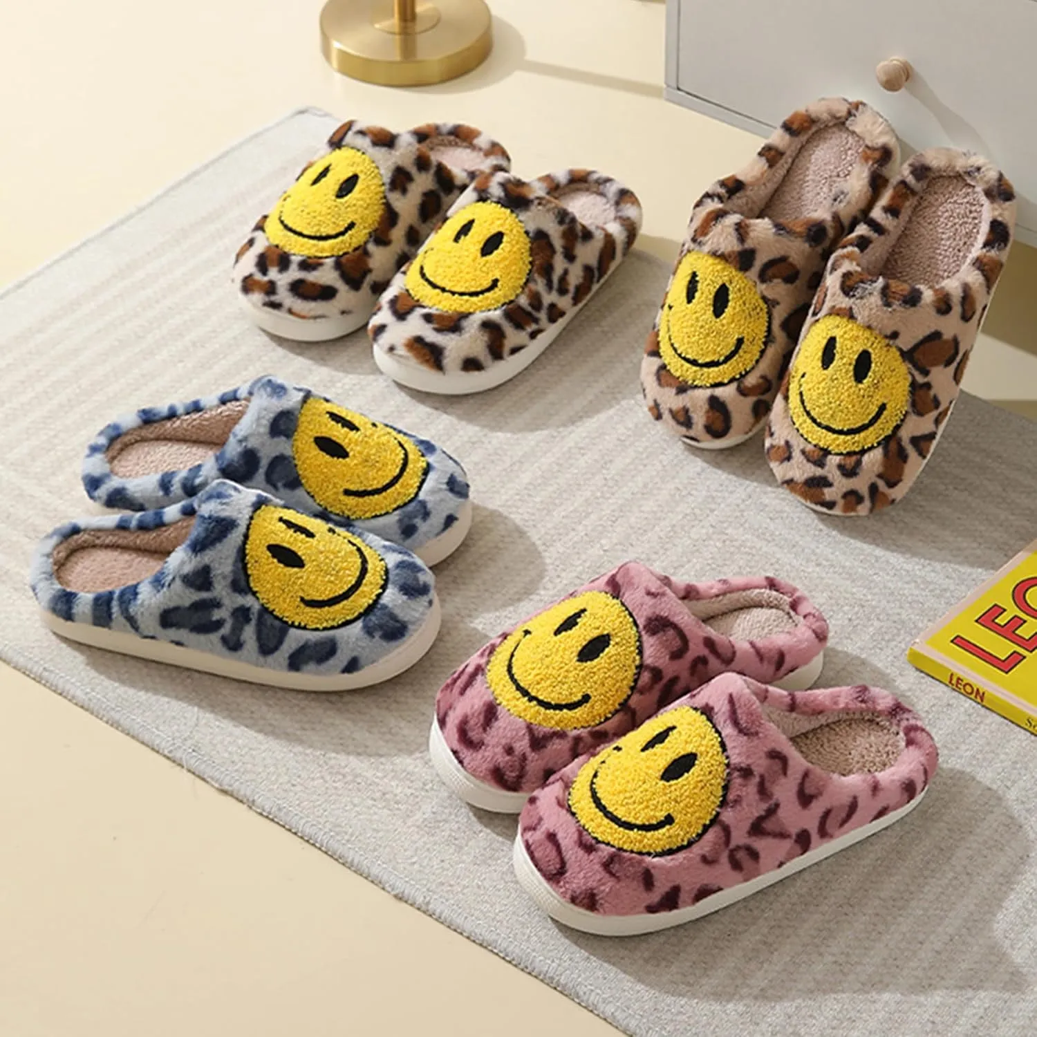 Happy Face Slippers Retro Cozy Comfy Plush Warm Slip-on Slippers Winter Soft Fuzzy Indoor House Shoes with Memory Foam for Men Women…