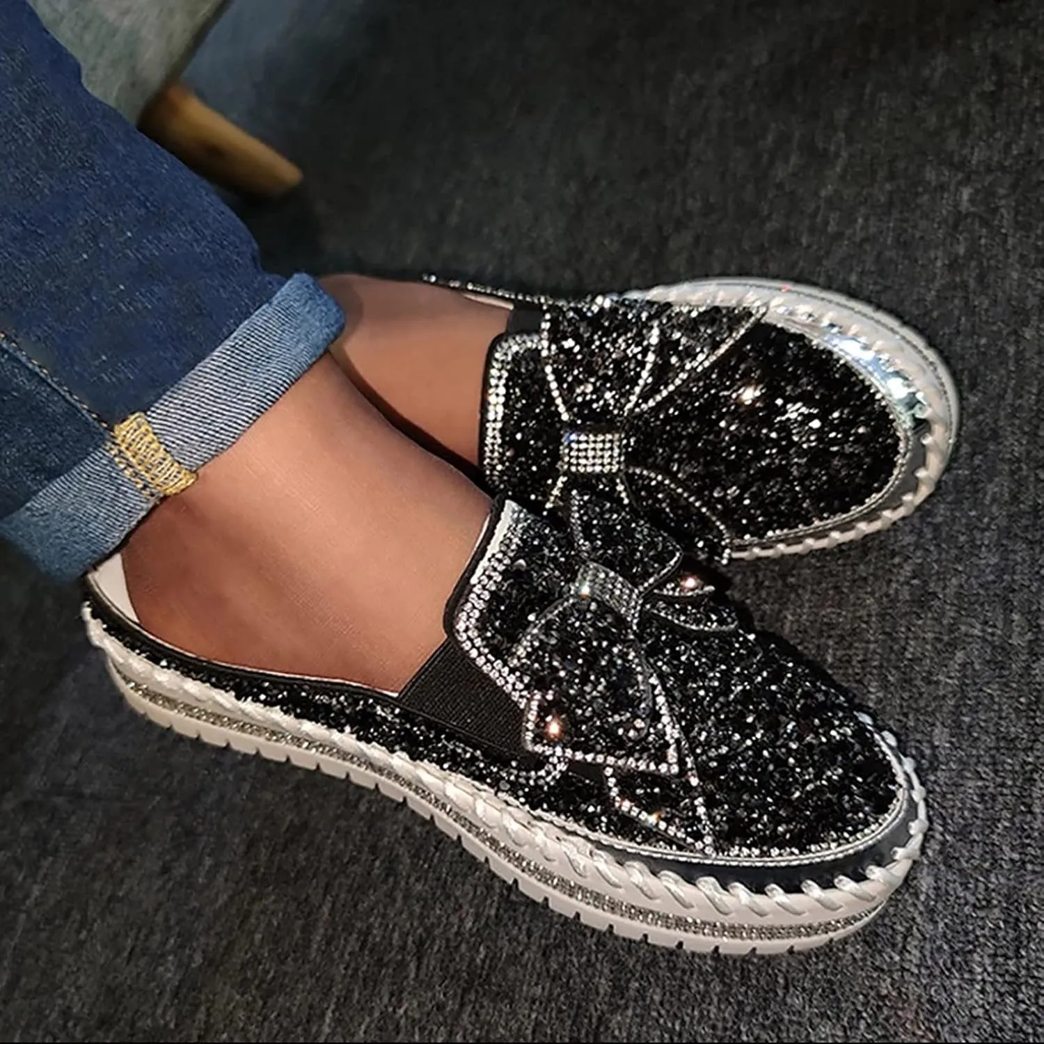 Hbeylia Women's Slip On Mule Sneakers Fashion Sequin Rhinestones Bowknot Design Platform Wedge Breathable Slippers Hiking Work Nurse Shoes Chunky Flat Heels Sliders Walking Shoes