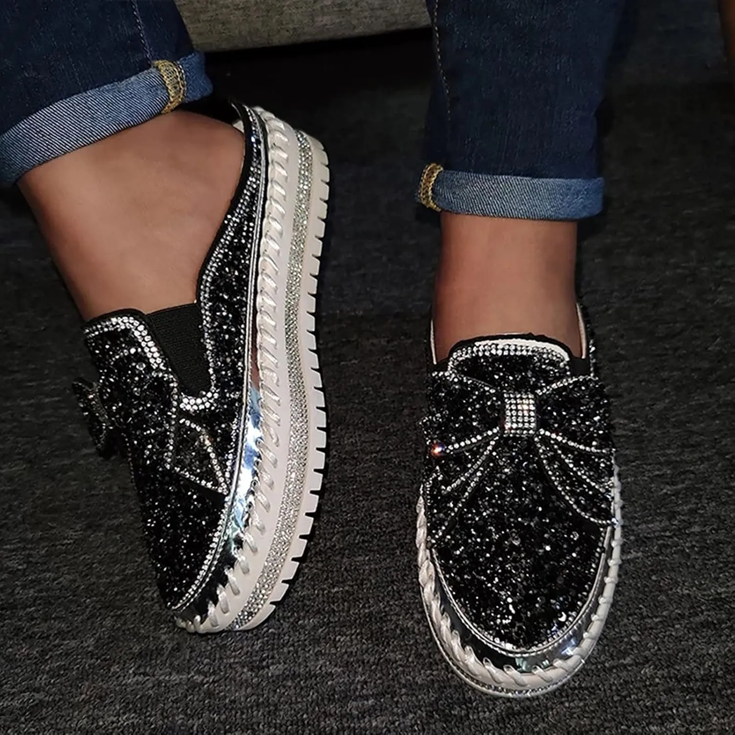 Hbeylia Women's Slip On Mule Sneakers Fashion Sequin Rhinestones Bowknot Design Platform Wedge Breathable Slippers Hiking Work Nurse Shoes Chunky Flat Heels Sliders Walking Shoes
