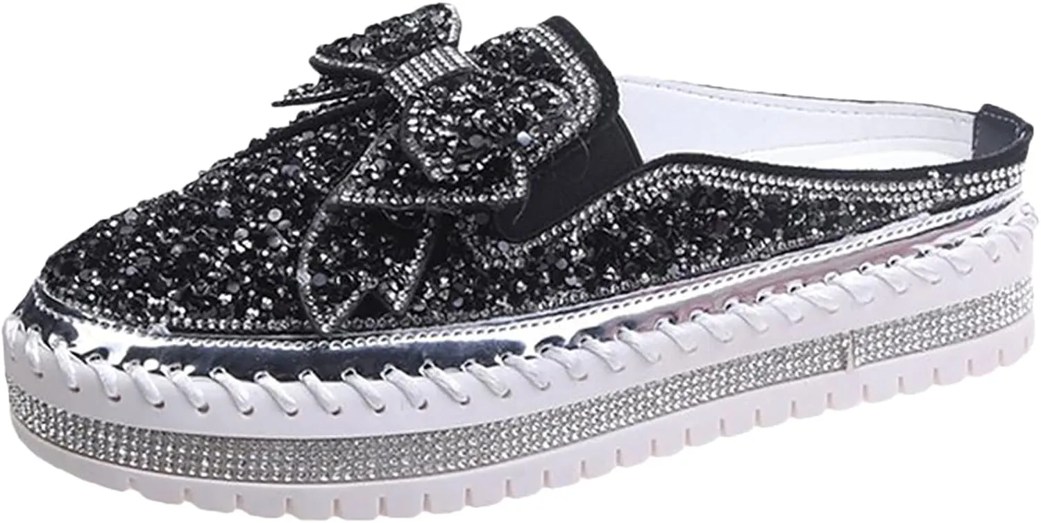Hbeylia Women's Slip On Mule Sneakers Fashion Sequin Rhinestones Bowknot Design Platform Wedge Breathable Slippers Hiking Work Nurse Shoes Chunky Flat Heels Sliders Walking Shoes