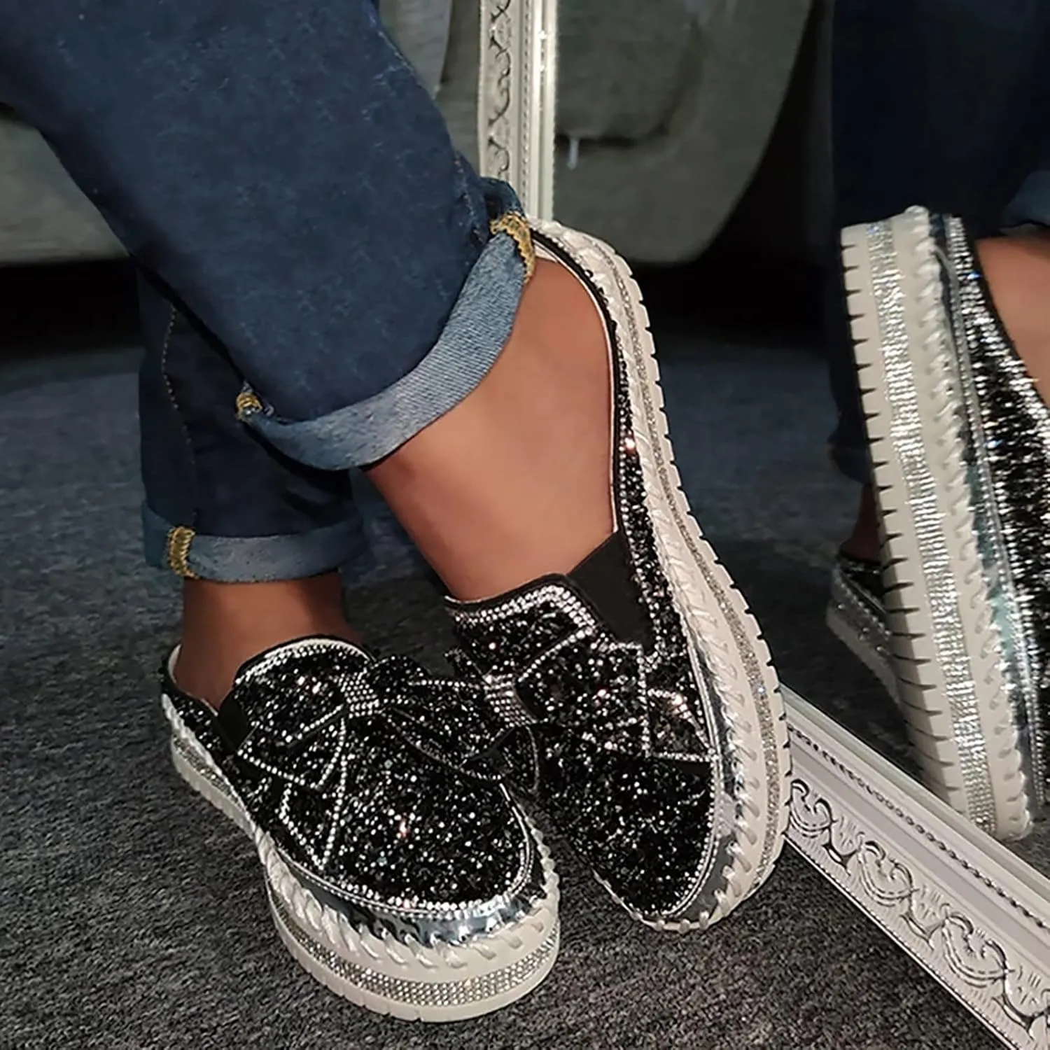 Hbeylia Women's Slip On Mule Sneakers Fashion Sequin Rhinestones Bowknot Design Platform Wedge Breathable Slippers Hiking Work Nurse Shoes Chunky Flat Heels Sliders Walking Shoes