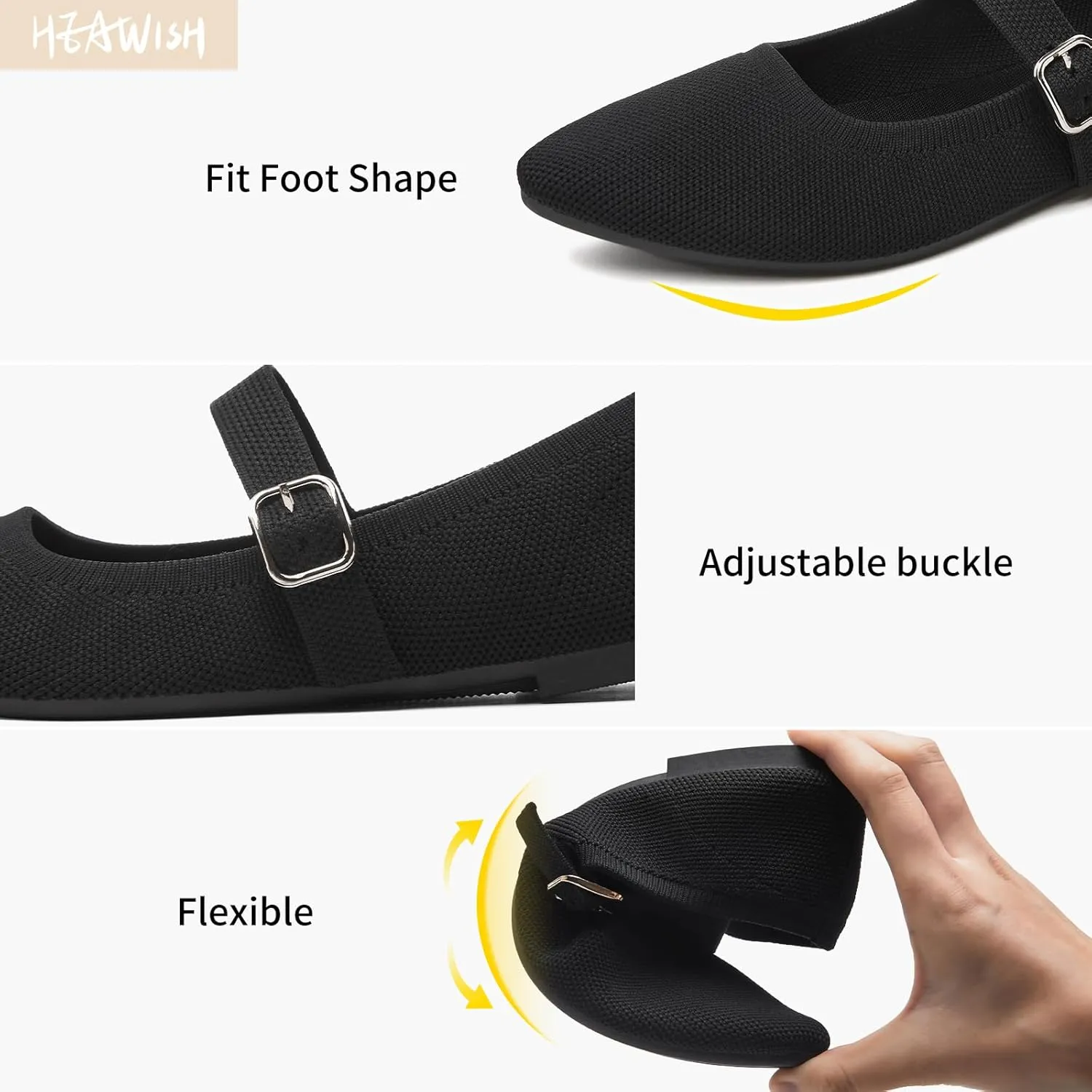 HEAWISH Women's Ballet Flat Shoes Mary Jane Pointed Toe Mesh Flats,Comfortable Slip on Ladies Shoe with Adjustable Strap,Casual Office Dress Flats for Work