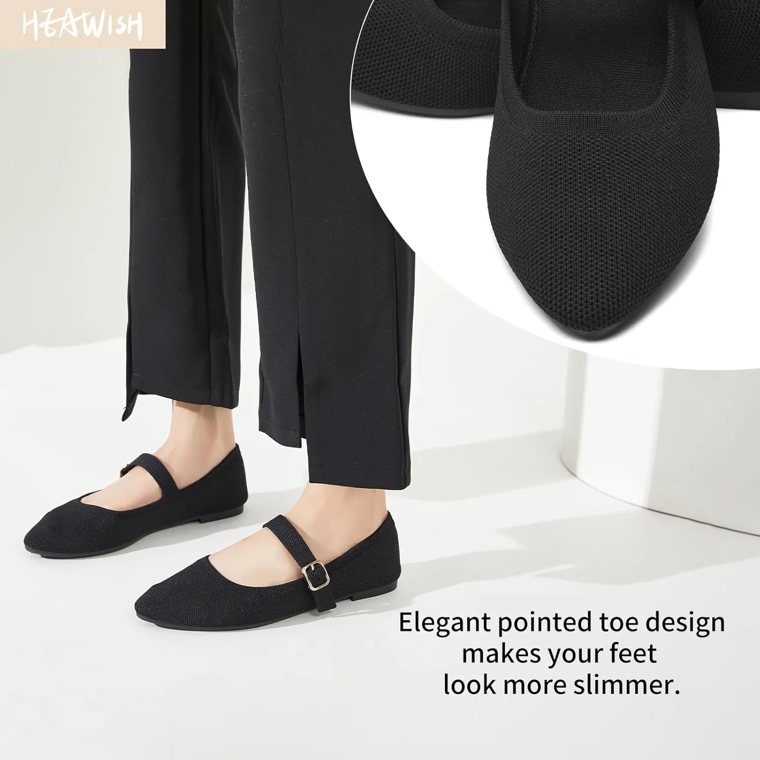 HEAWISH Women's Ballet Flat Shoes Mary Jane Pointed Toe Mesh Flats,Comfortable Slip on Ladies Shoe with Adjustable Strap,Casual Office Dress Flats for Work