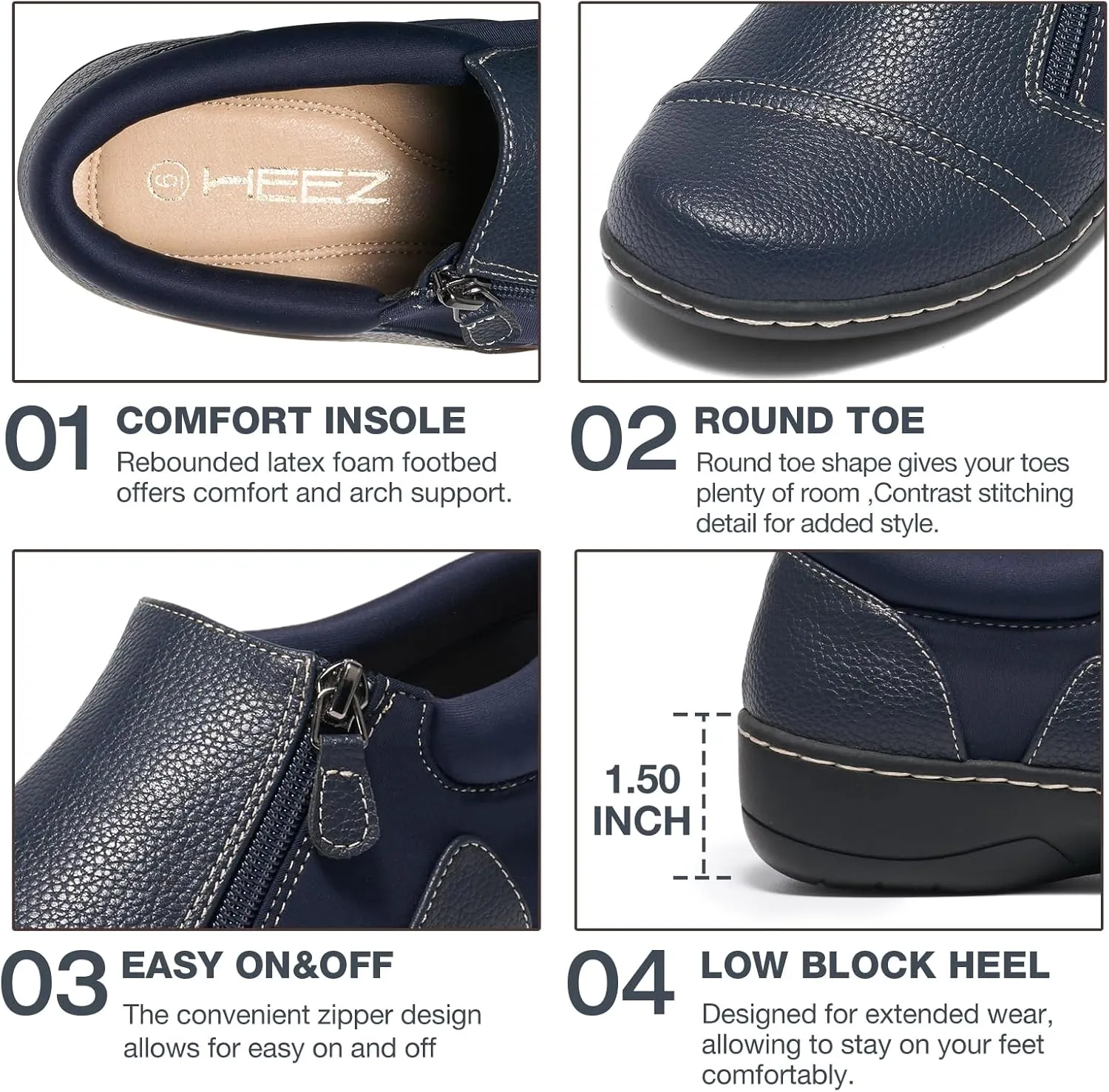 HEEZ Women's Casual Slip On Dress Loafers, Comfortable Walking Summer Shoes with Arch Support & Padded Bank Heel, Round Toe, Non-Slip TPR Anti-Slip Outsole, Zipper Design