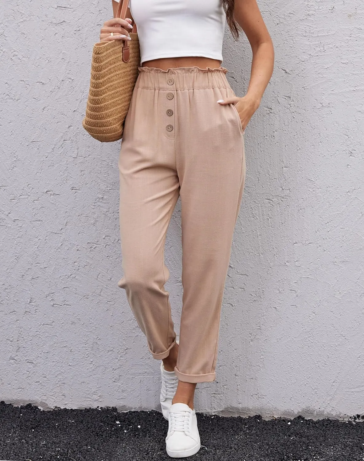 heipeiwa Women's Cotton Linen Casual Cropped Work Pants Summer Paper Bag Dressy Tapered Pants