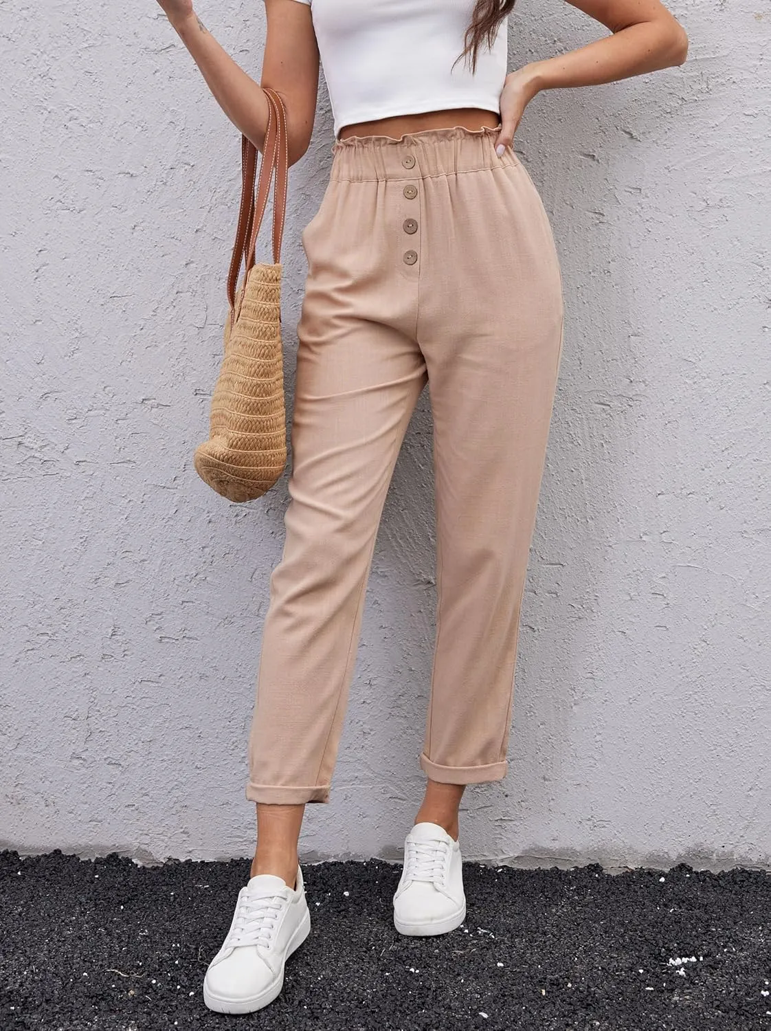 heipeiwa Women's Cotton Linen Casual Cropped Work Pants Summer Paper Bag Dressy Tapered Pants