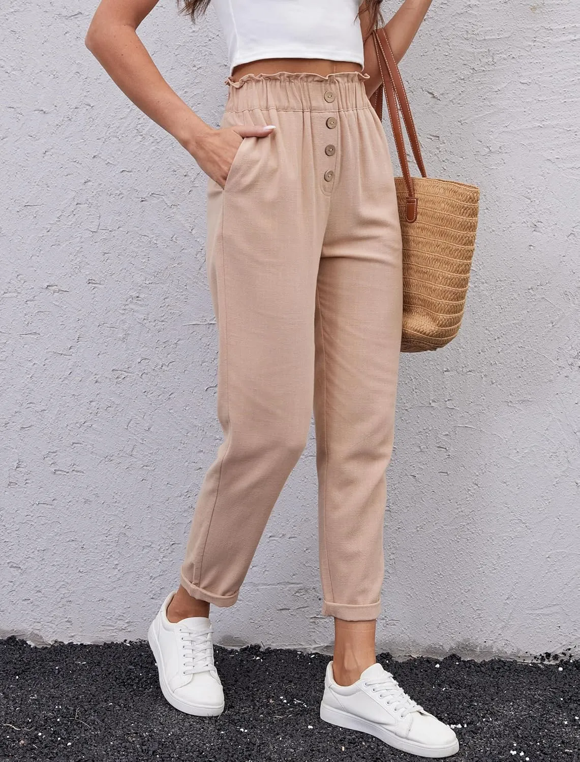heipeiwa Women's Cotton Linen Casual Cropped Work Pants Summer Paper Bag Dressy Tapered Pants