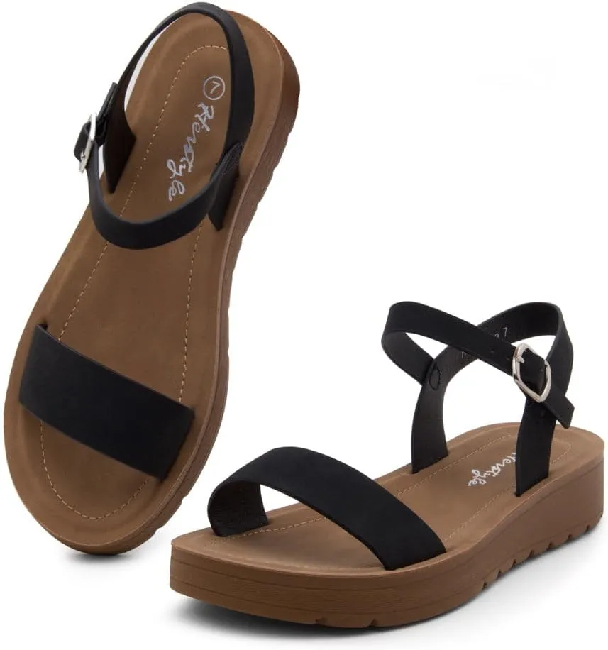Herstyle MARINNA Women's Flat Sandals, Open Toe Single Band Ankle Strap Buckled Casual Flat Sandals with Cushioned Footbed for Walking and Summer Wear