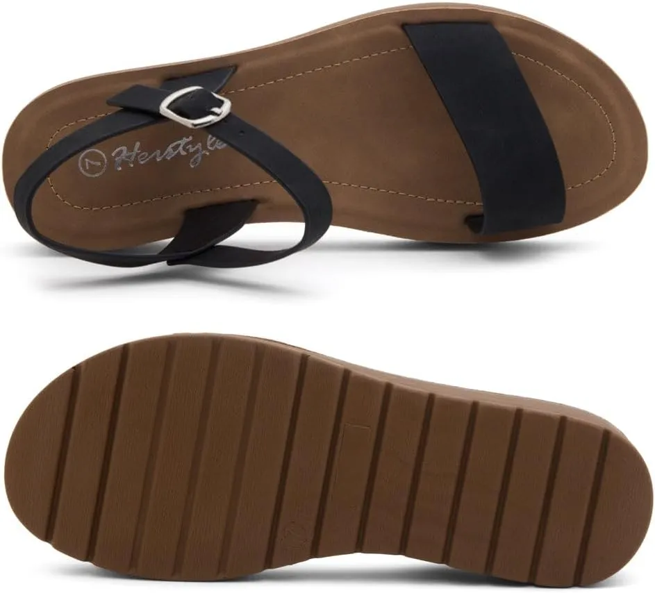 Herstyle MARINNA Women's Flat Sandals, Open Toe Single Band Ankle Strap Buckled Casual Flat Sandals with Cushioned Footbed for Walking and Summer Wear