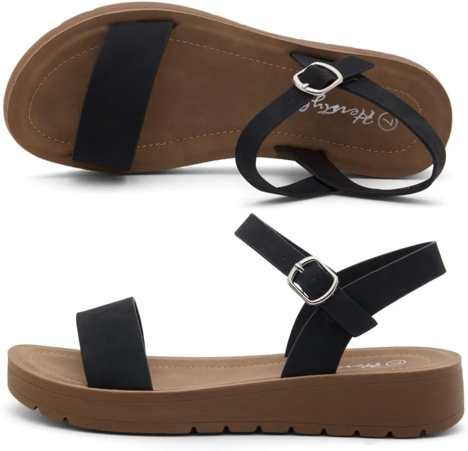 Herstyle MARINNA Women's Flat Sandals, Open Toe Single Band Ankle Strap Buckled Casual Flat Sandals with Cushioned Footbed for Walking and Summer Wear