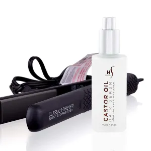 HerStyler Castor Oil Hair Serum and Forever Straightening Flat Iron Set