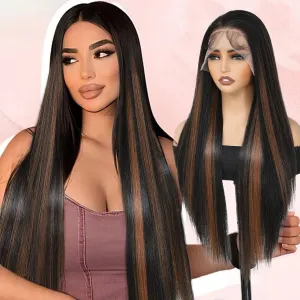 Highlight Brown Synthetic Lace Front Wigs 30Inch 13x4 Pre-Plucked Lace with Baby Hair Long Straight Wigs for Women Heat Resistant Fiber Ready to Wear Synthetic Wigs(RH2/30)