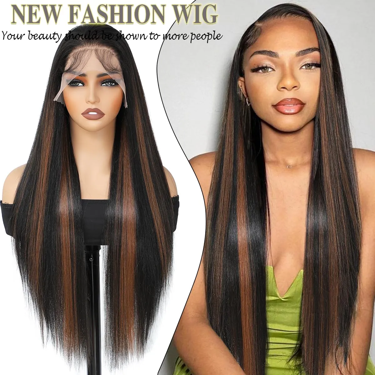 Highlight Brown Synthetic Lace Front Wigs 30Inch 13x4 Pre-Plucked Lace with Baby Hair Long Straight Wigs for Women Heat Resistant Fiber Ready to Wear Synthetic Wigs(RH2/30)