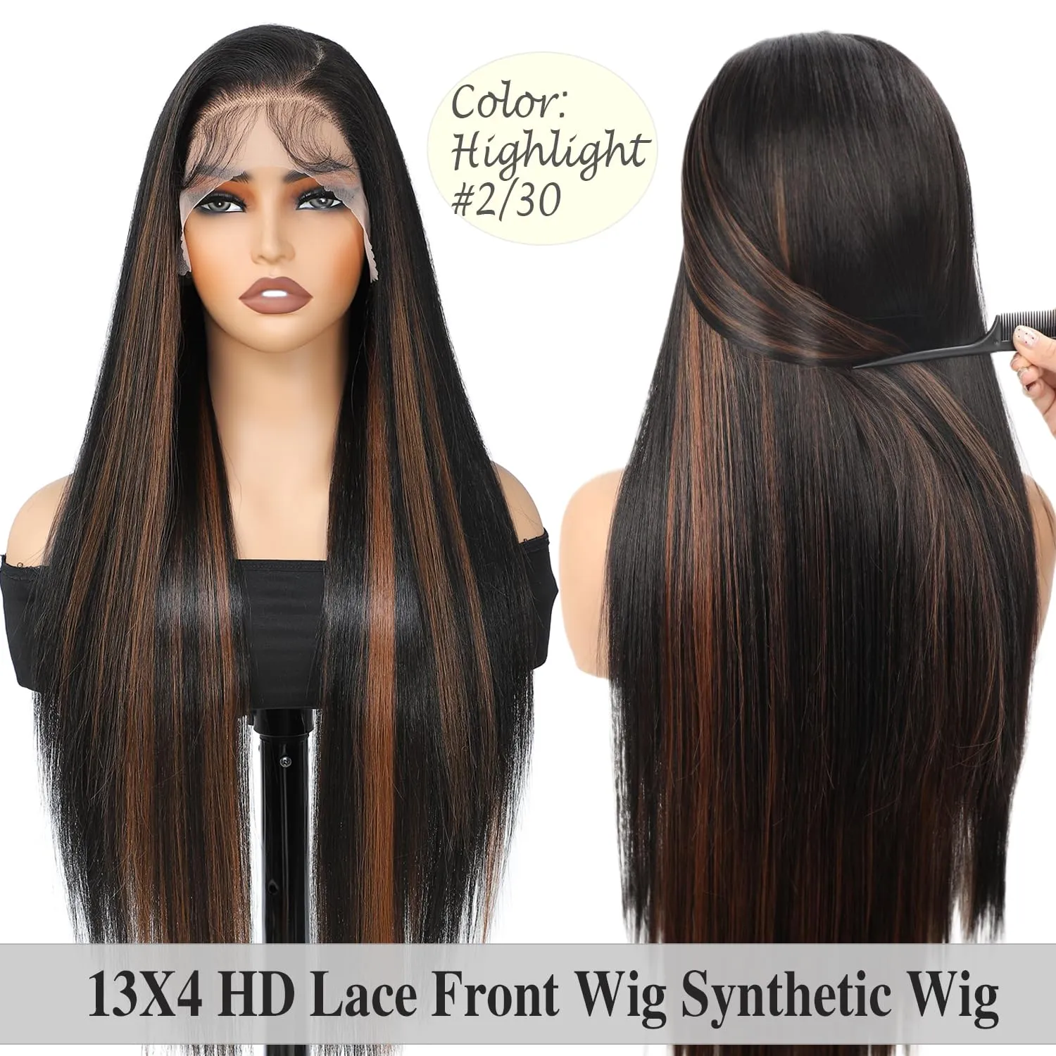 Highlight Brown Synthetic Lace Front Wigs 30Inch 13x4 Pre-Plucked Lace with Baby Hair Long Straight Wigs for Women Heat Resistant Fiber Ready to Wear Synthetic Wigs(RH2/30)