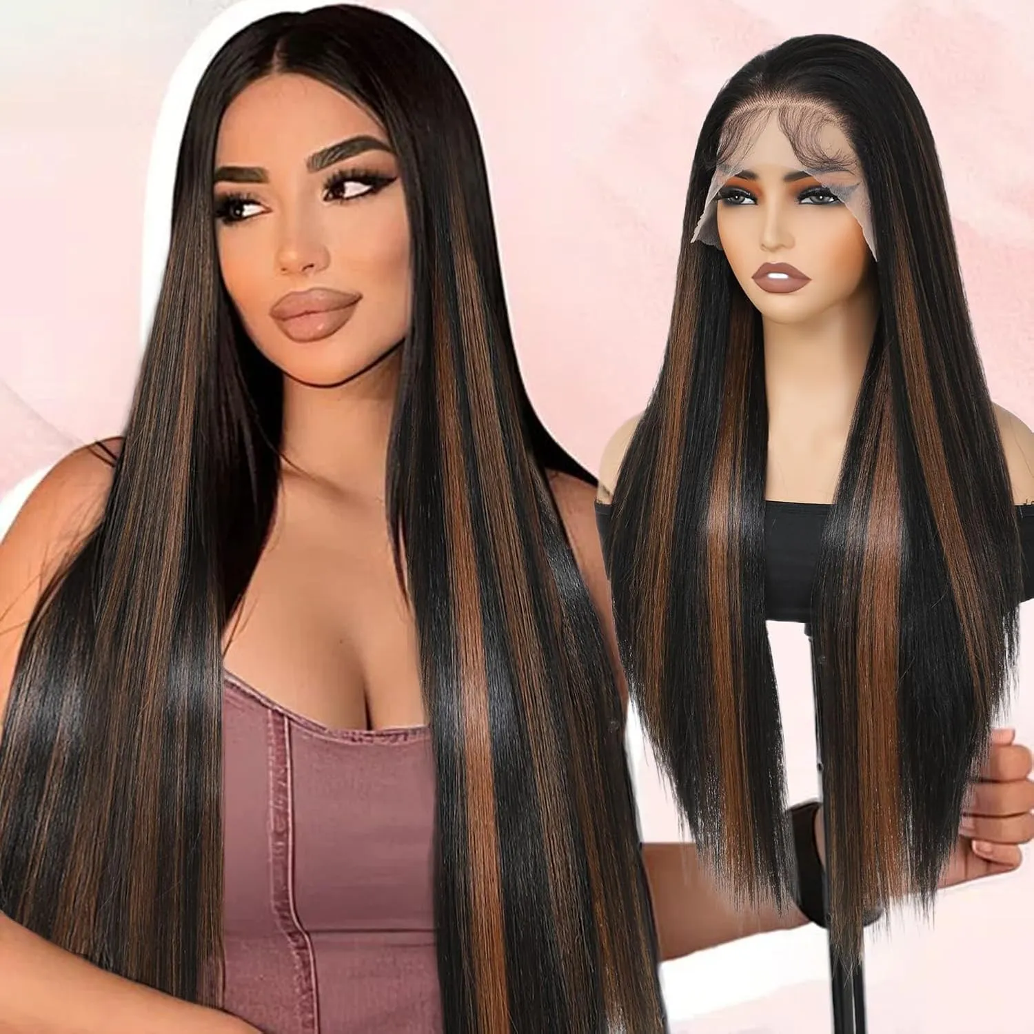 Highlight Brown Synthetic Lace Front Wigs 30Inch 13x4 Pre-Plucked Lace with Baby Hair Long Straight Wigs for Women Heat Resistant Fiber Ready to Wear Synthetic Wigs(RH2/30)