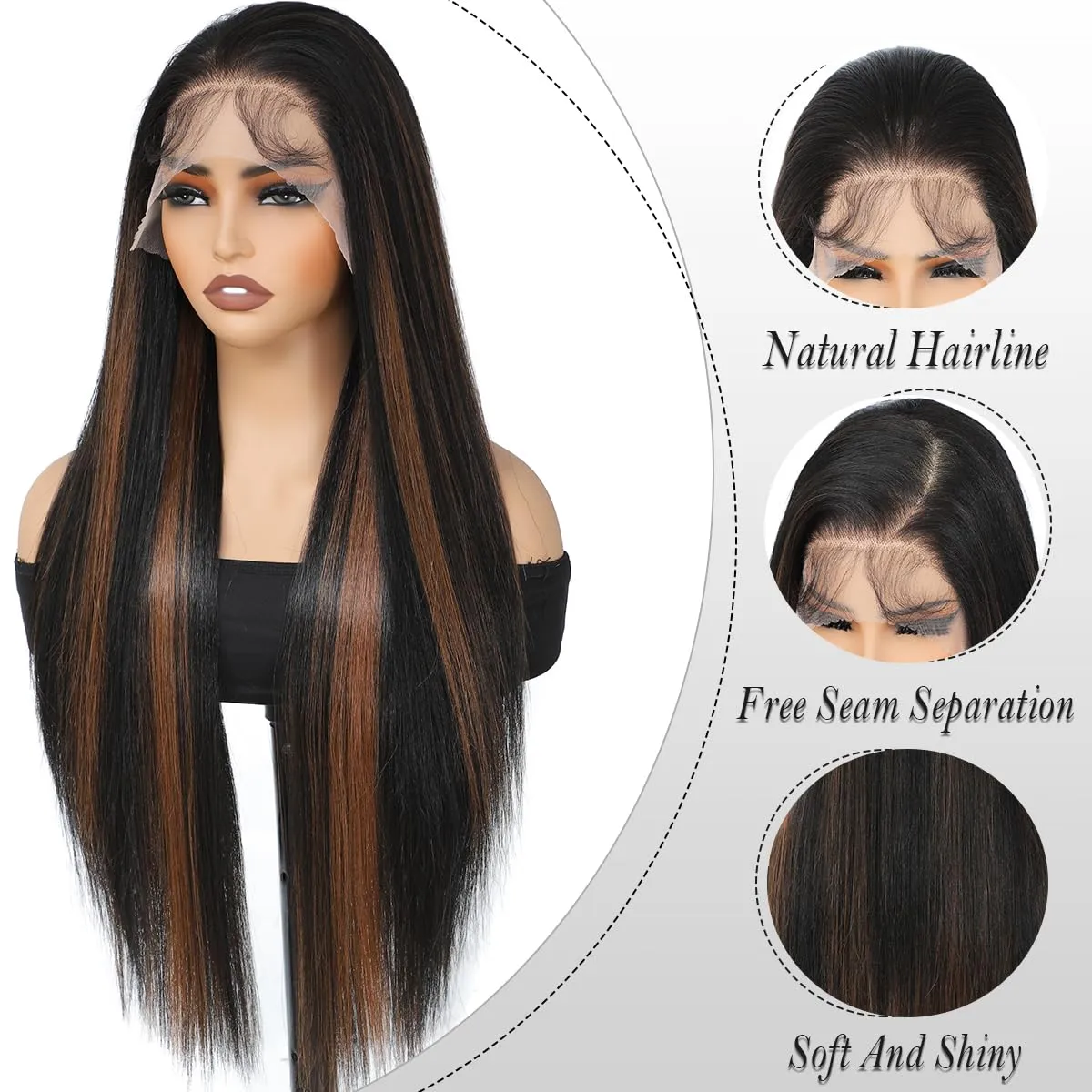 Highlight Brown Synthetic Lace Front Wigs 30Inch 13x4 Pre-Plucked Lace with Baby Hair Long Straight Wigs for Women Heat Resistant Fiber Ready to Wear Synthetic Wigs(RH2/30)