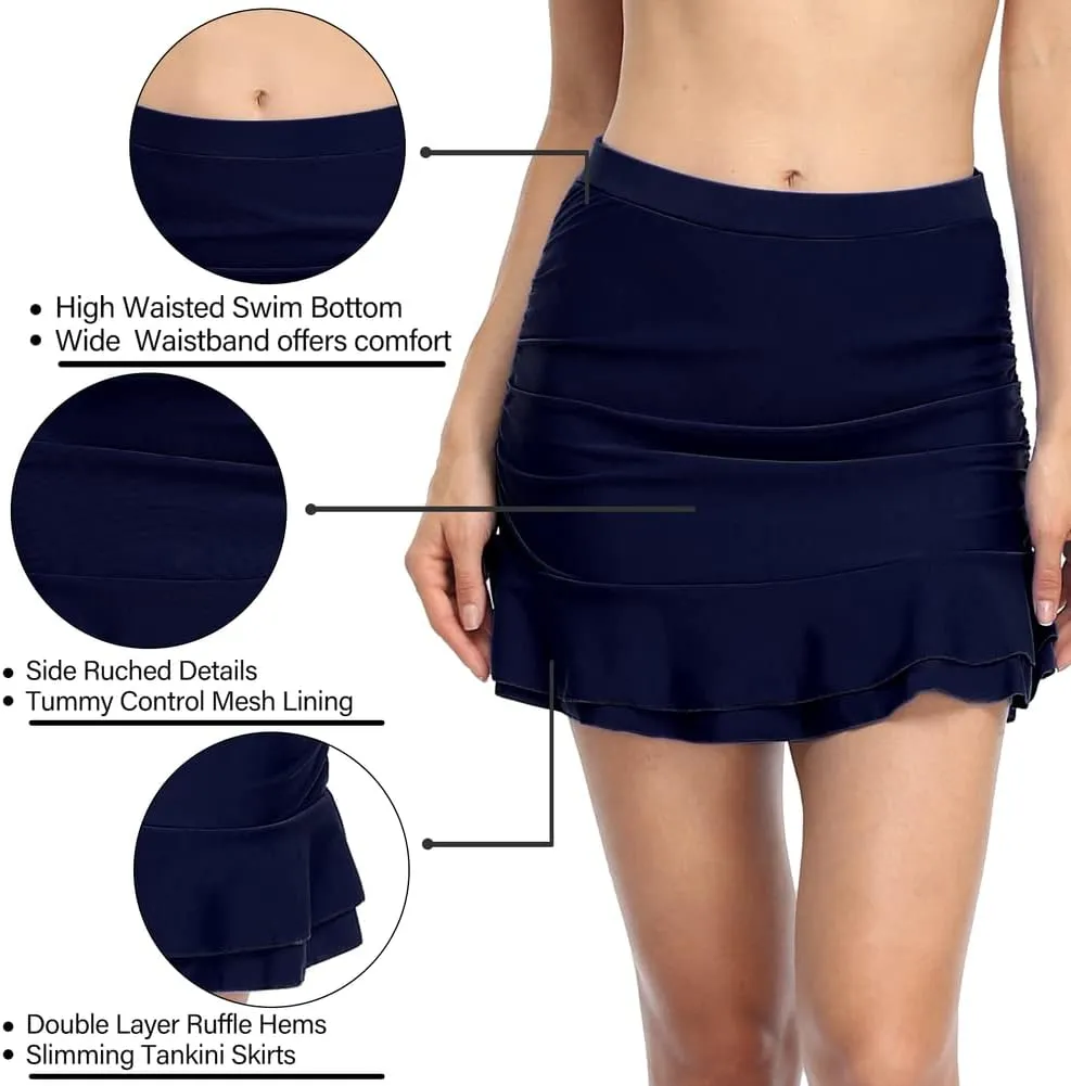 Hilor Women's Shirred Ruffle Swim Skirt Tummy Control Skirted Bikini Bottoms High Waisted Swim Bottom