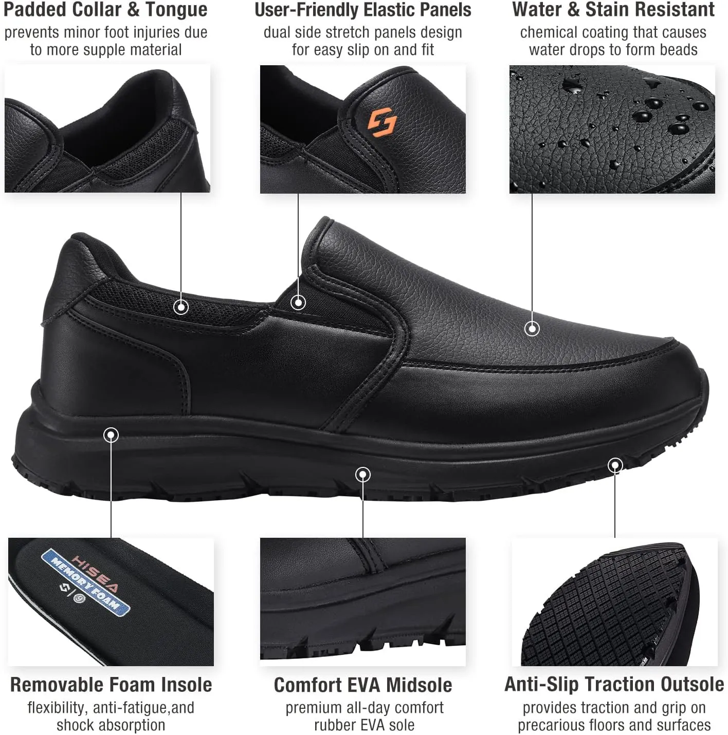 HISEA Men's Leather Non Slip Food Service Shoes, Water & Oil Resistant, Comfortable, Breathable, Lightweight Slip Resistant Shoes for Men, for Kitchen, Restaurant, Slip-on Chef Walking Shoes