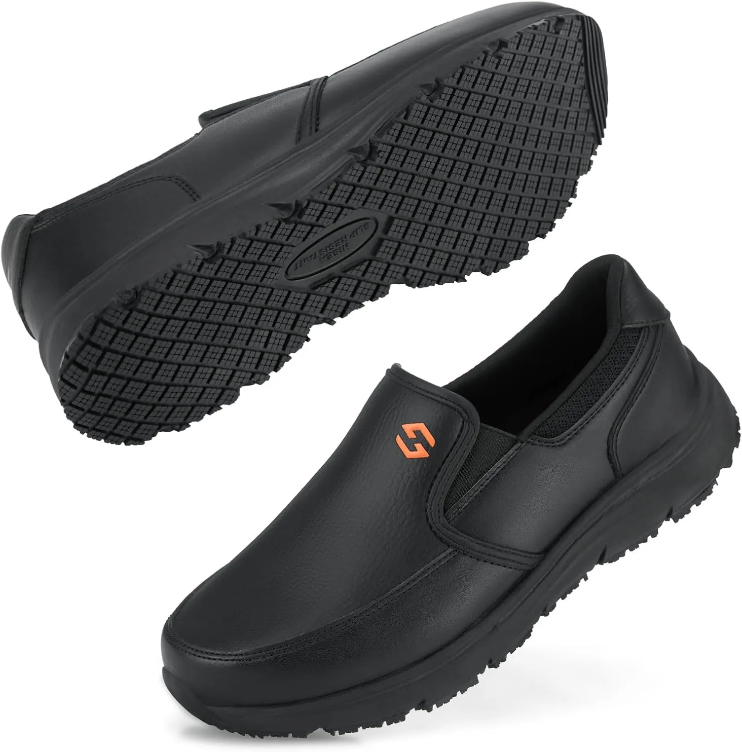 HISEA Men's Leather Non Slip Food Service Shoes, Water & Oil Resistant, Comfortable, Breathable, Lightweight Slip Resistant Shoes for Men, for Kitchen, Restaurant, Slip-on Chef Walking Shoes