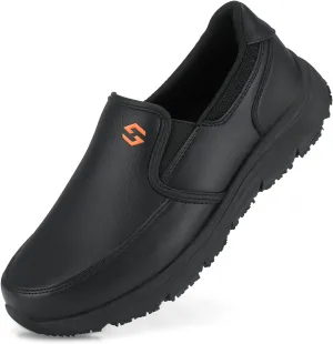 HISEA Men's Leather Non Slip Food Service Shoes, Water & Oil Resistant, Comfortable, Breathable, Lightweight Slip Resistant Shoes for Men, for Kitchen, Restaurant, Slip-on Chef Walking Shoes