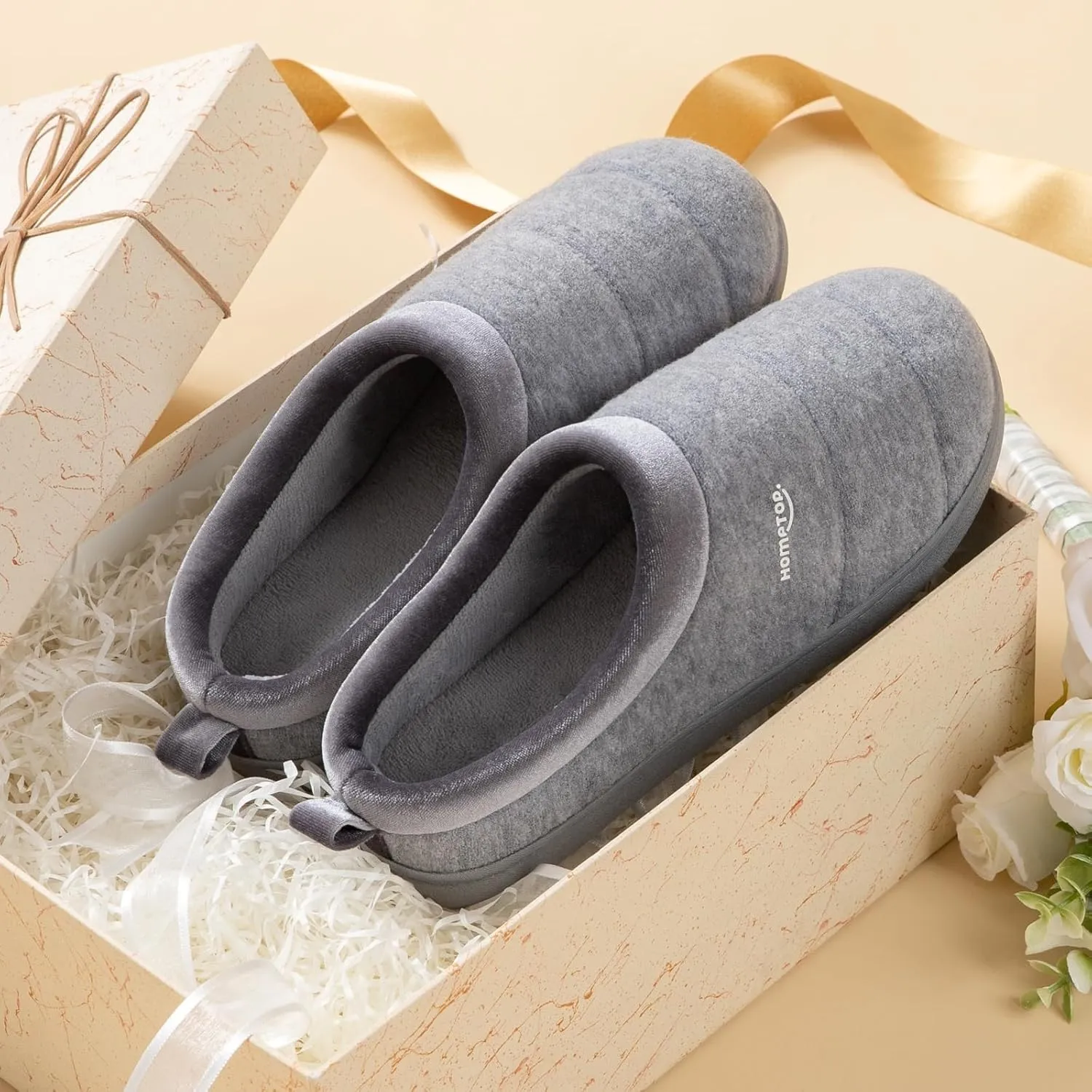 HomeTop Women's Comfy Quilted Slipper Soft Cashmere Like Slip on Memory Foam House Shoe