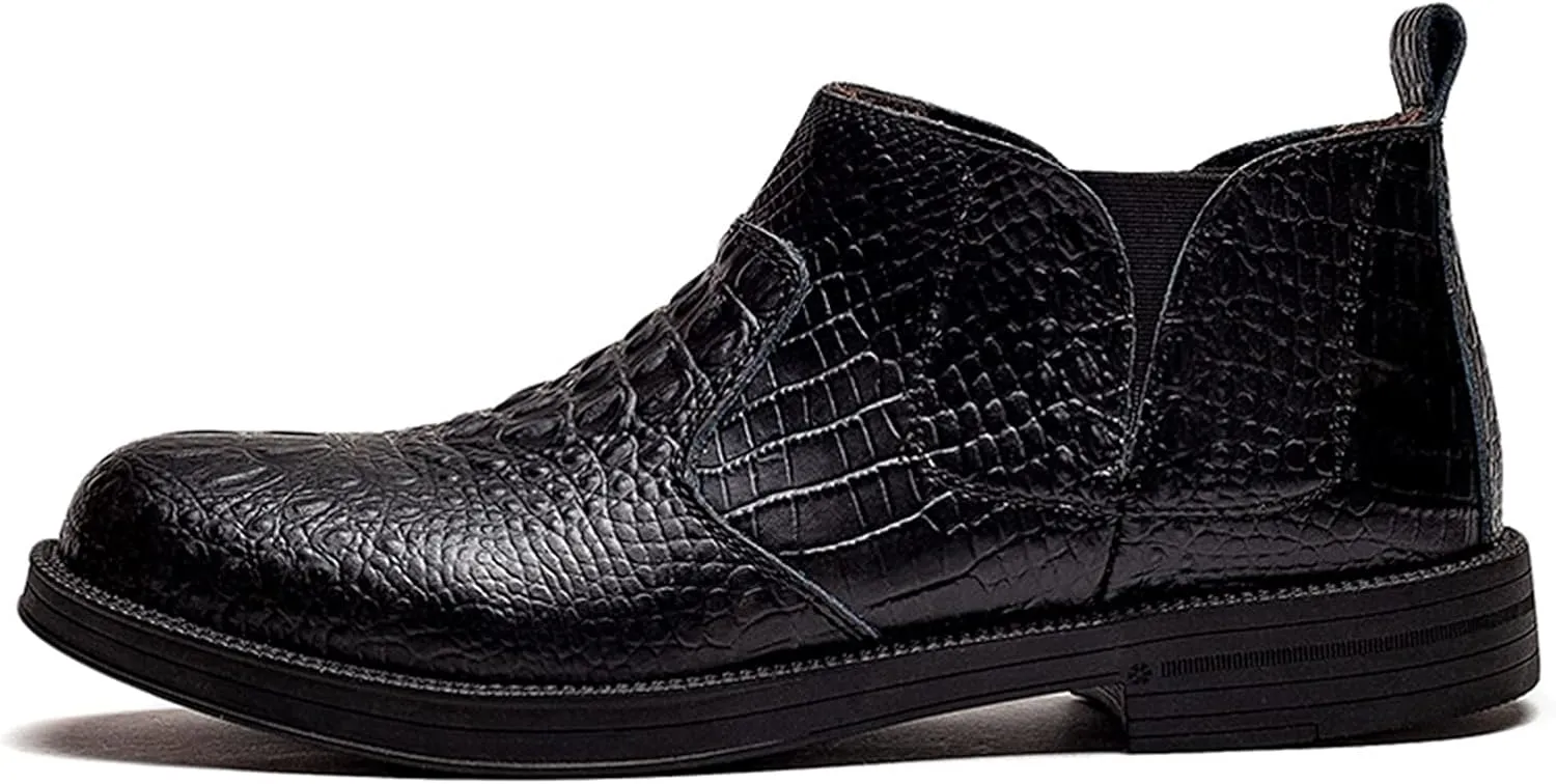 HOOENG Chelsea Boots for Men Elastic Bandage Crocodile Print Breathable Cowhide Leather Waterproof Slip on Anti-Slip Non Slip Fashion