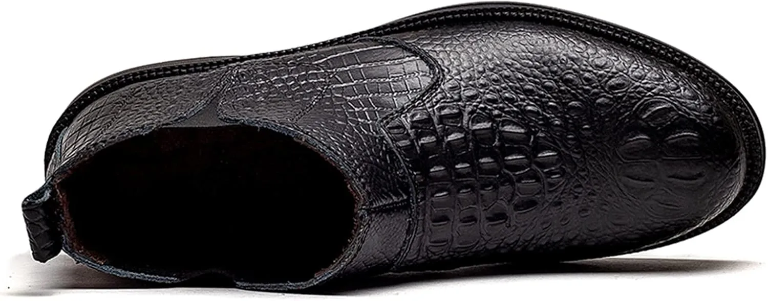 HOOENG Chelsea Boots for Men Elastic Bandage Crocodile Print Breathable Cowhide Leather Waterproof Slip on Anti-Slip Non Slip Fashion