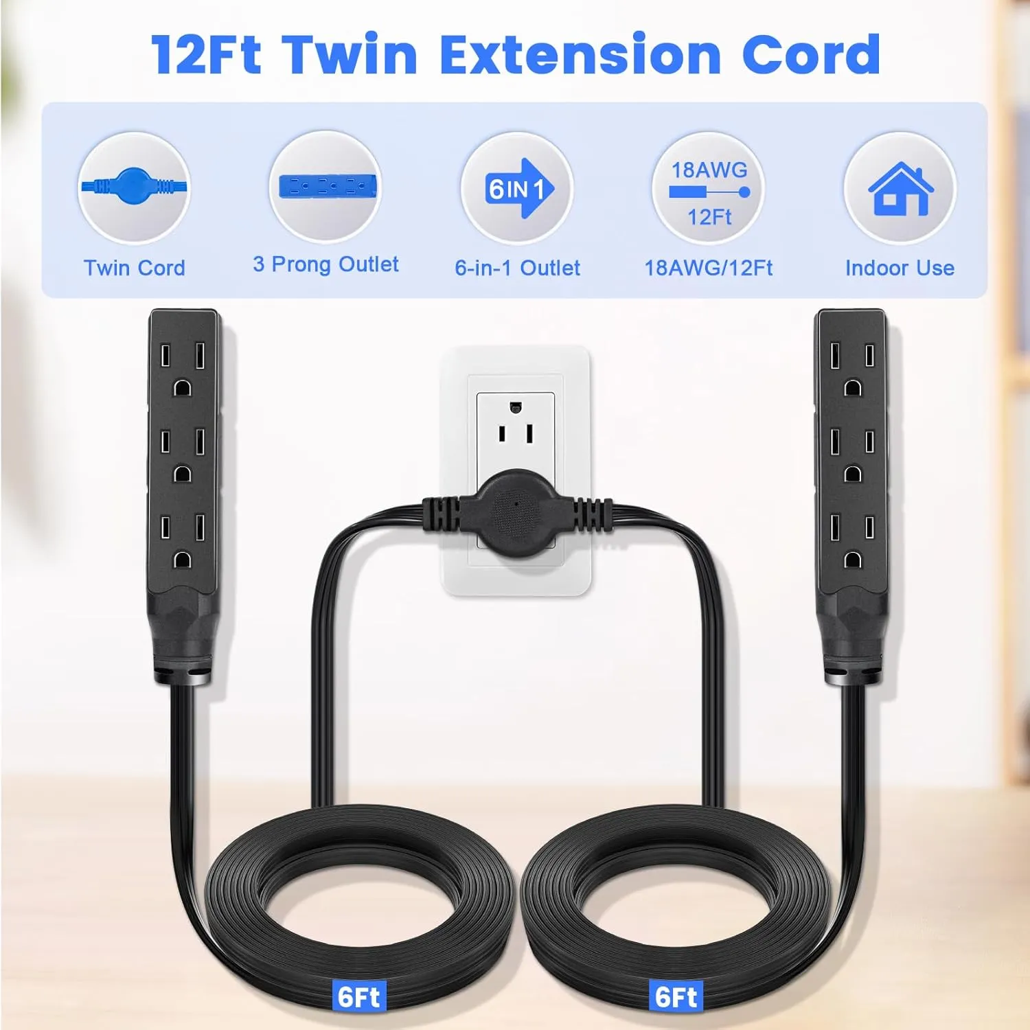 HOUHUI Twin Extension Cord Power Strip 3 Prong 12Ft Heavy Duty Double Extension Cord with 6 Outlets - ETL Certified, 6Ft Each Side Flat Plug Power Strip Two Way Splitter for Home Office Cabinet Sofa