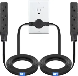 HOUHUI Twin Extension Cord Power Strip 3 Prong 12Ft Heavy Duty Double Extension Cord with 6 Outlets - ETL Certified, 6Ft Each Side Flat Plug Power Strip Two Way Splitter for Home Office Cabinet Sofa